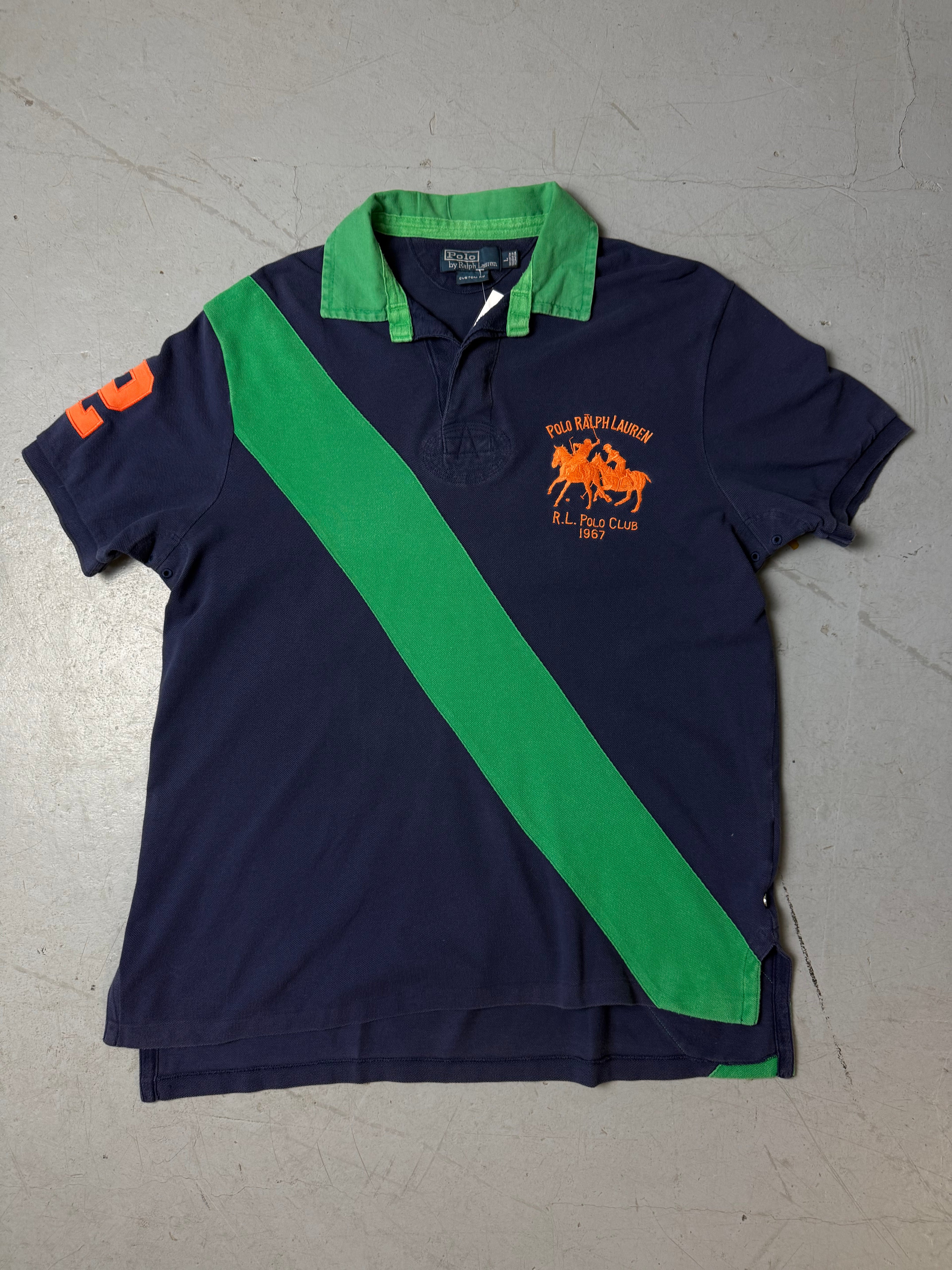 Vintage Polo Ralph Lauren Blue and Green Polo Shirt whit a big horse stitch for boys. Y2K Second Hand 2000s Fashion 