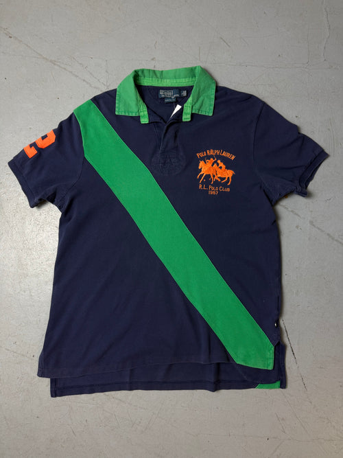 Vintage Polo Ralph Lauren Blue and Green Polo Shirt whit a big horse stitch for boys. Y2K Second Hand 2000s Fashion 