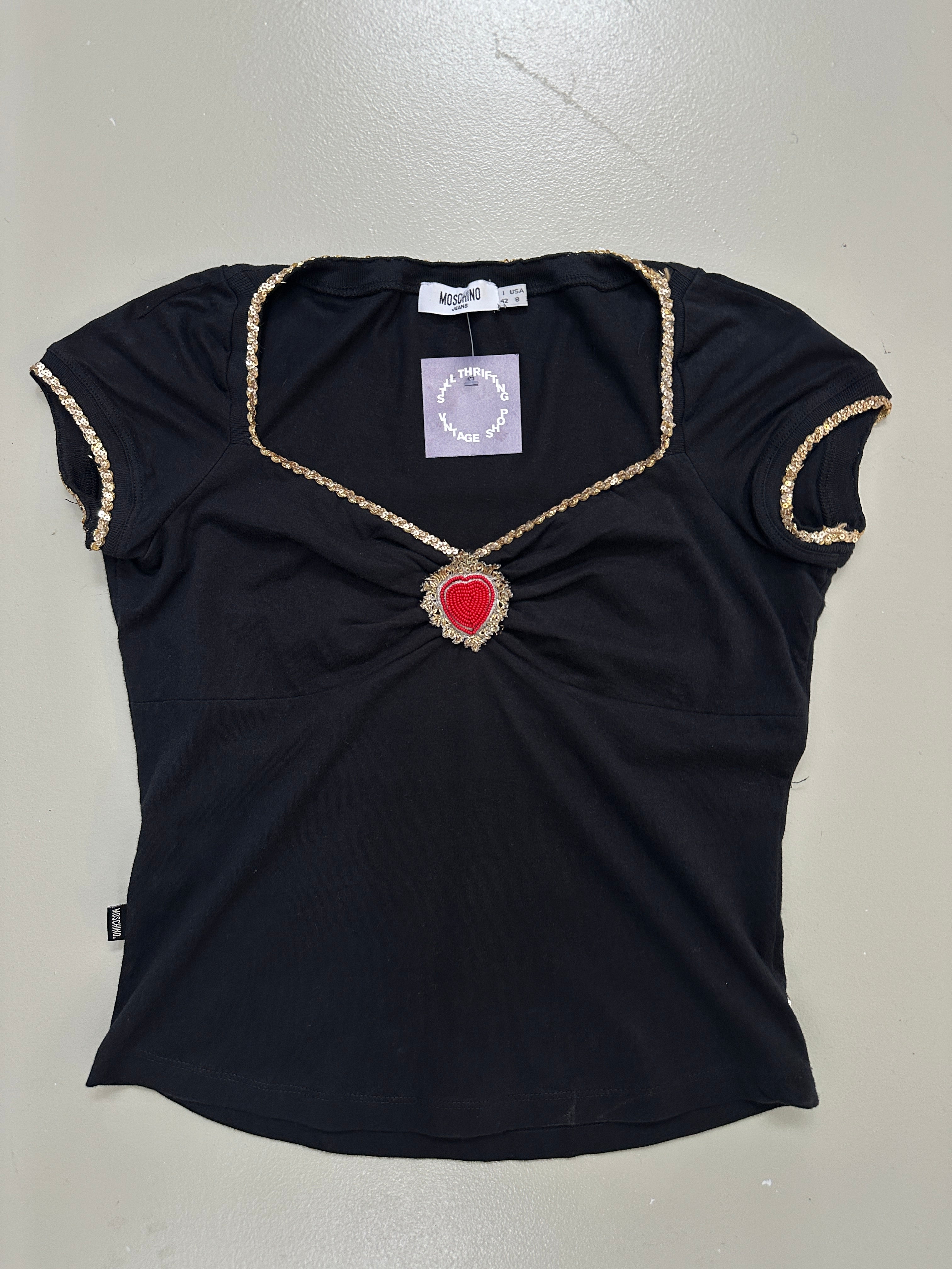 Vintage Moschino Black Top with Gold Rim für Frauen. Y2K Second Hand 2000s Fashion