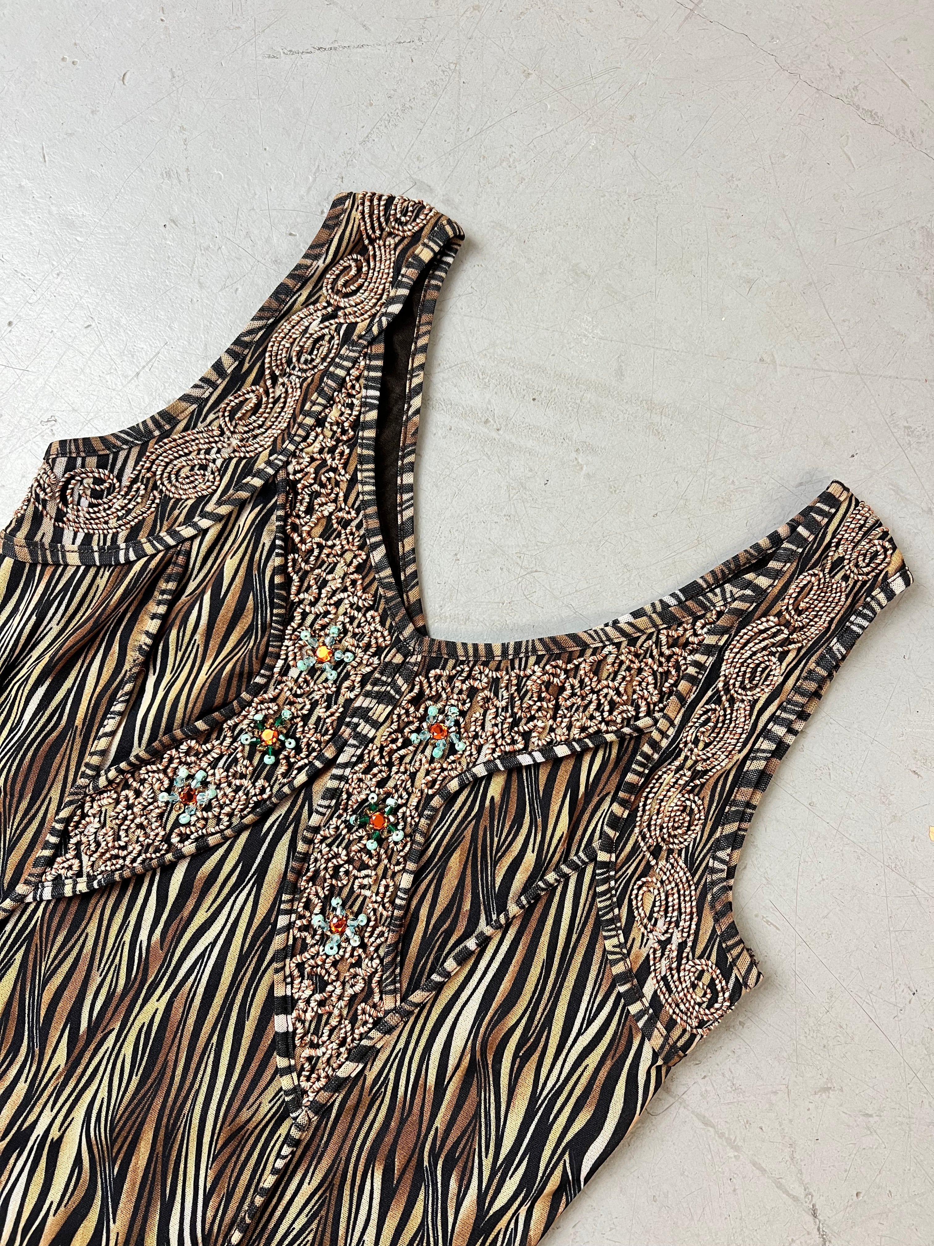 Vintage Brown Zebra Print Top mit Perlendetails für Damen. Y2K Second Hand 2000s Fashion