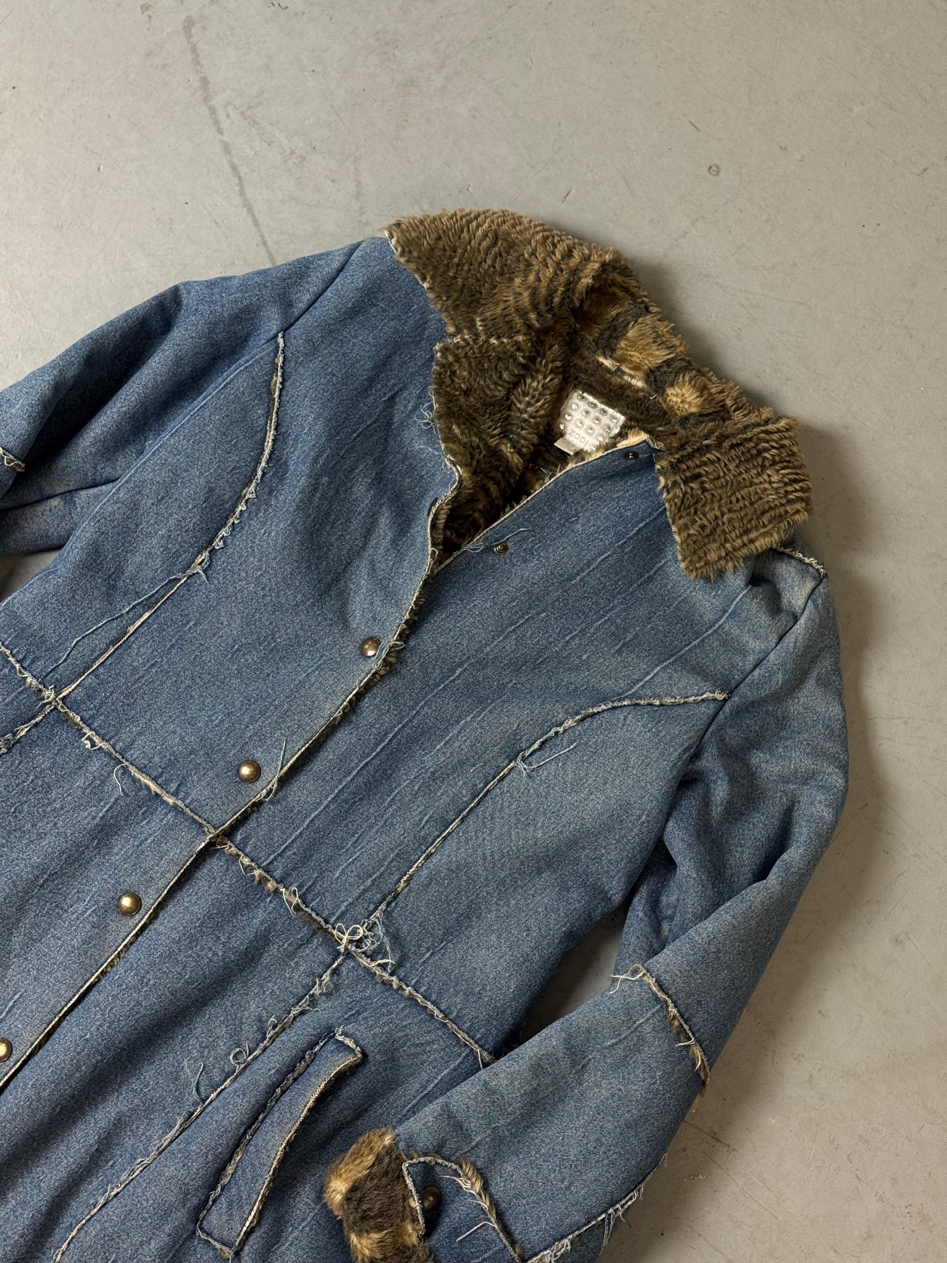 Vintage Denim Coat with Faux Fur Lining M