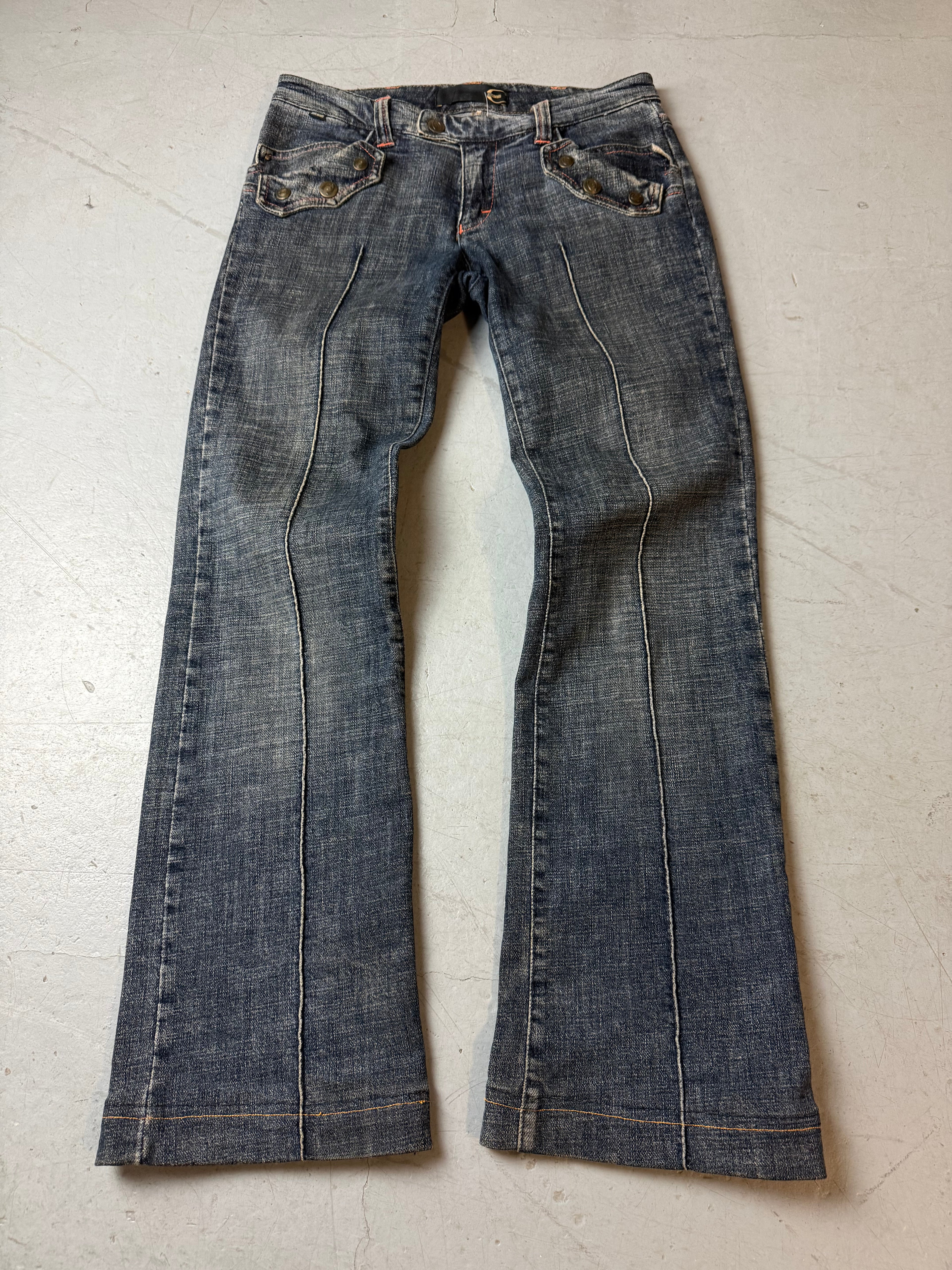 Vintage Just Cavalli Grey Blue Low Waist Bootcut Jeans für Damen. Y2K Second Hand 2000s Fashion