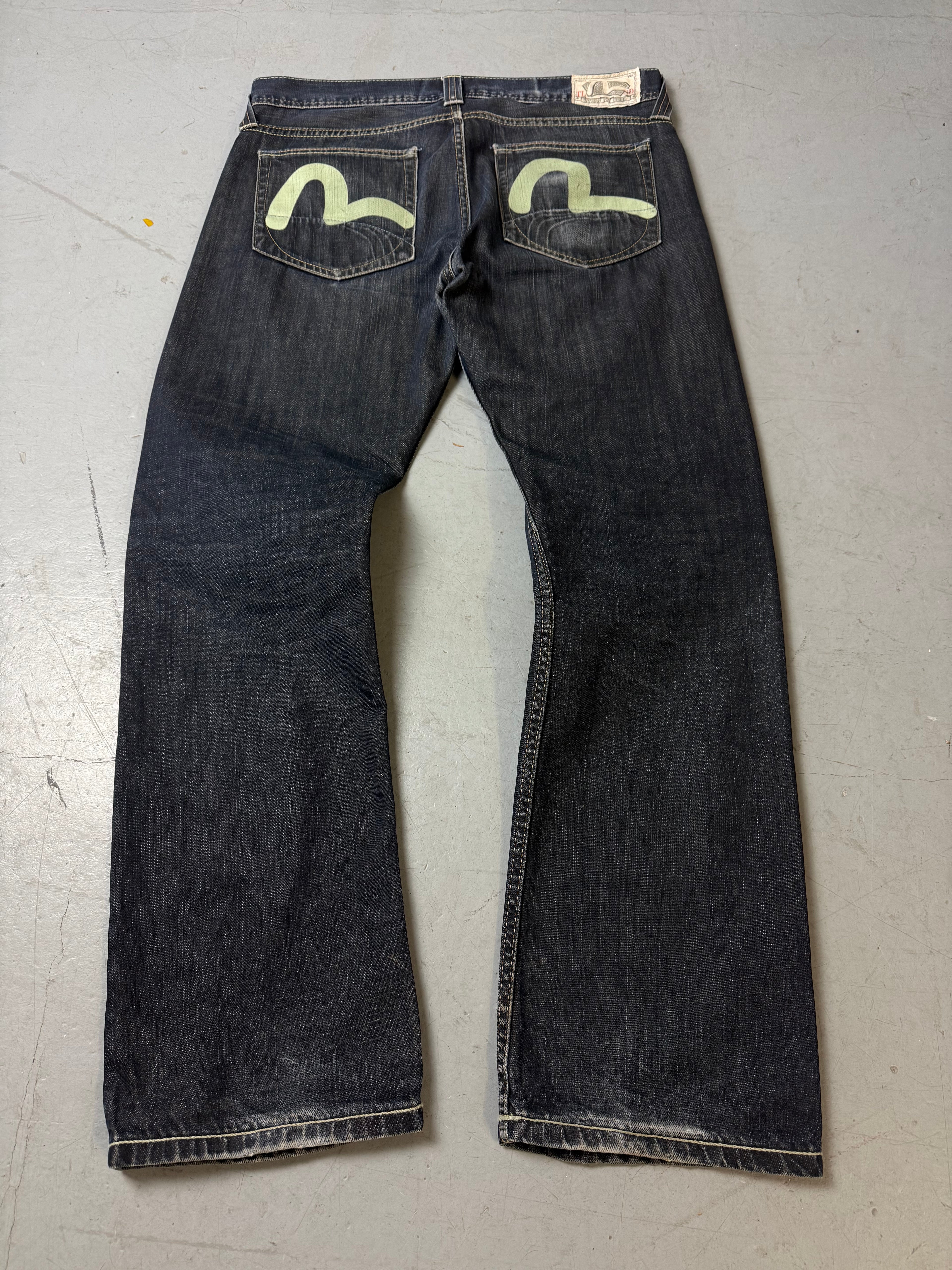 Vintage Evisu x Puma Dark Grey Baggy Denim für Herren. Y2K Second Hand 2000s Fashion