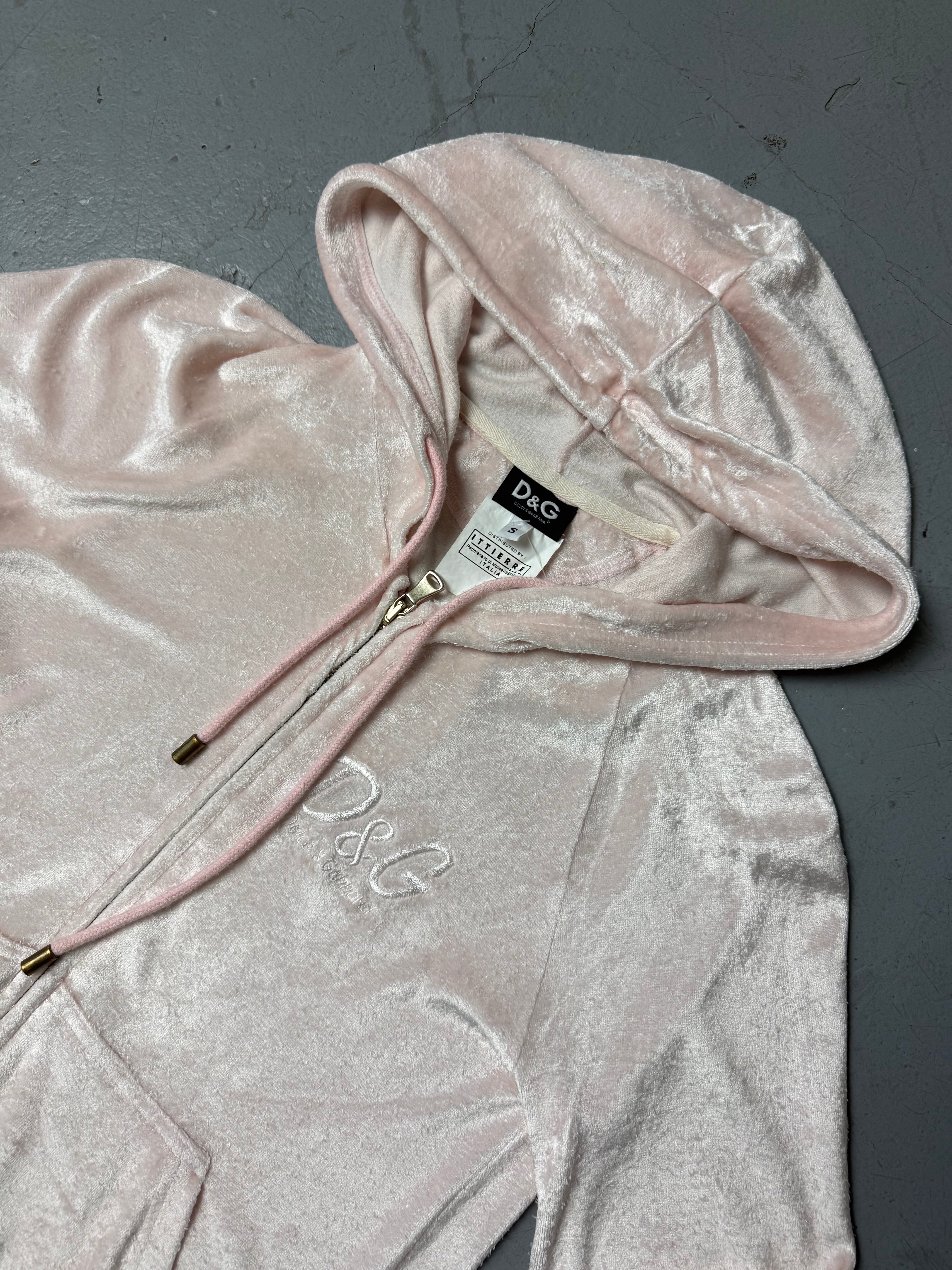 Vintage Dolce&Gabbana Baby Pink Velvet Zip Up Hoodie for girls. Y2K Second Hand 2000s Fashion 