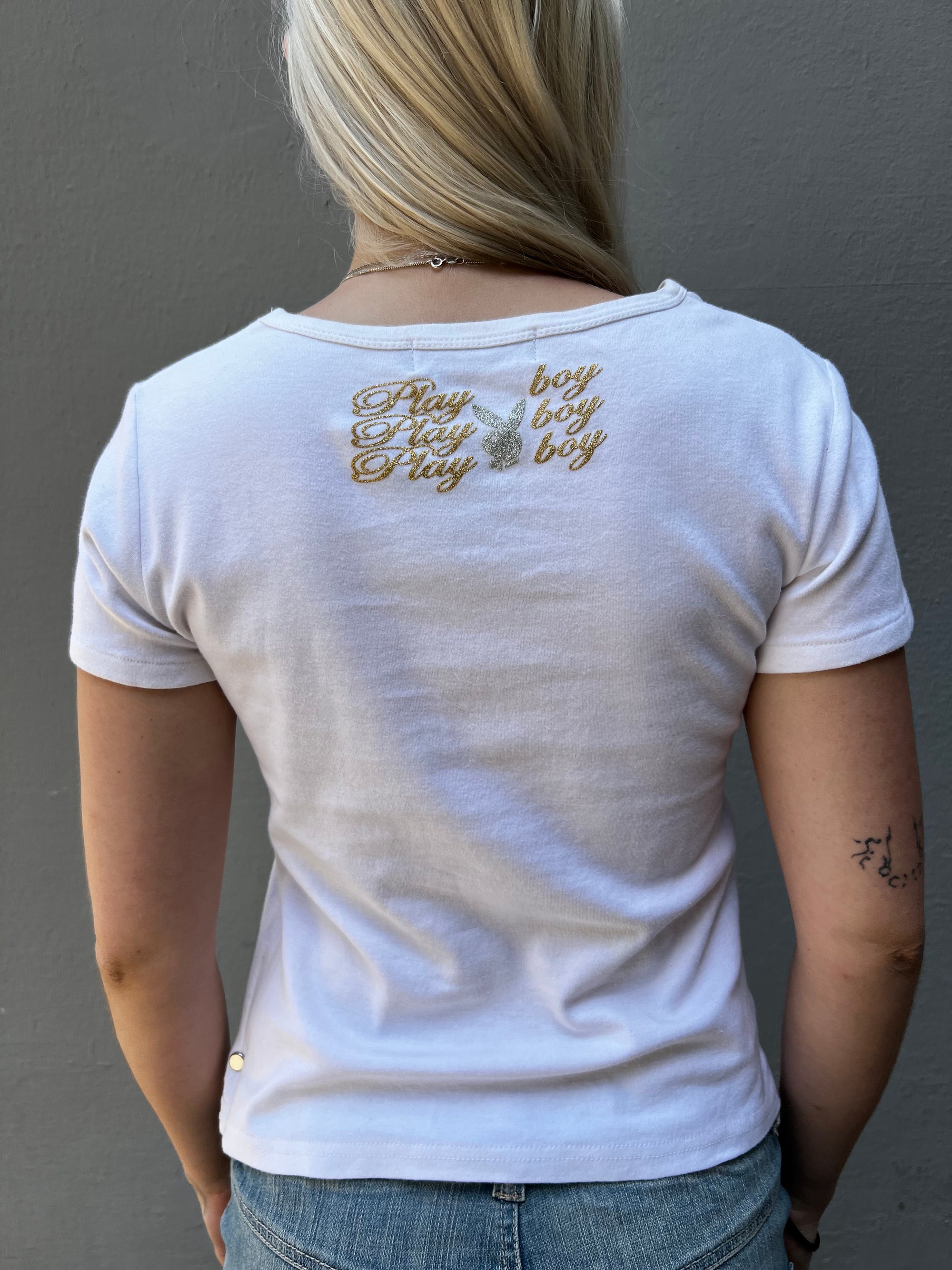 Vintage Playboy White Tee with Gold Rhinestones M