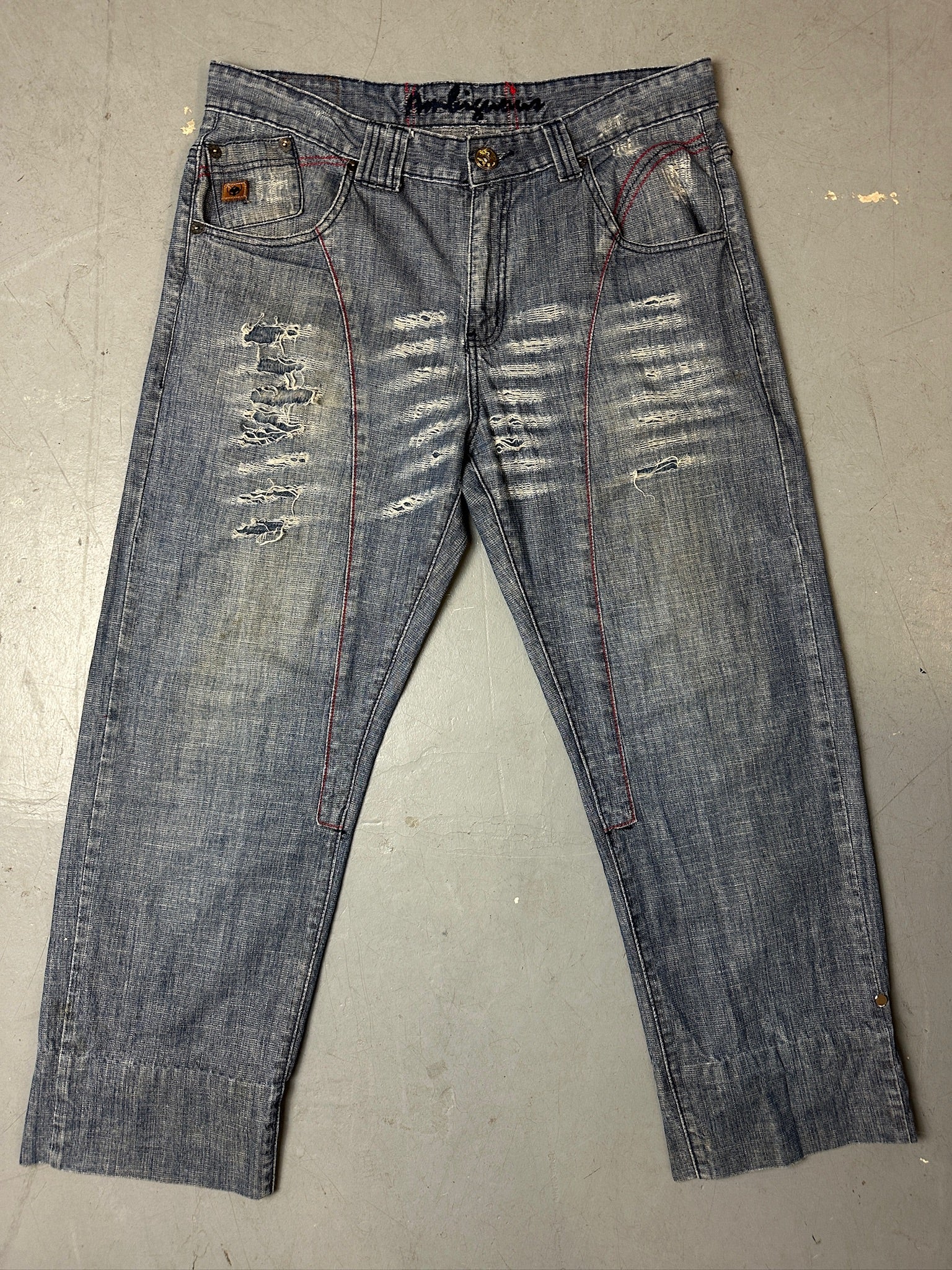 Vintage Ambiguaus Ripped Denim with Stitching XL