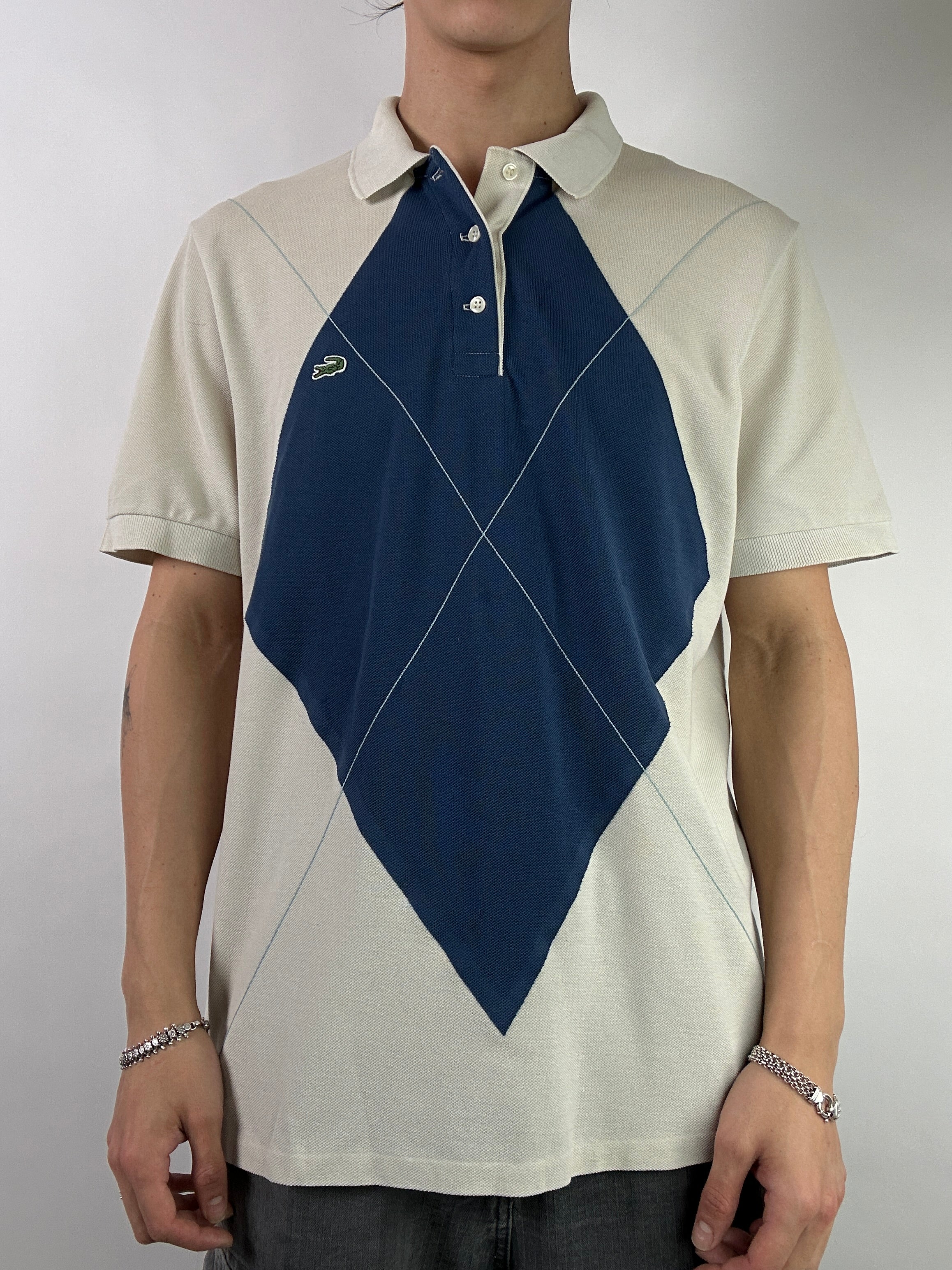 Vintage Lacoste Beige and Blue Polo L
