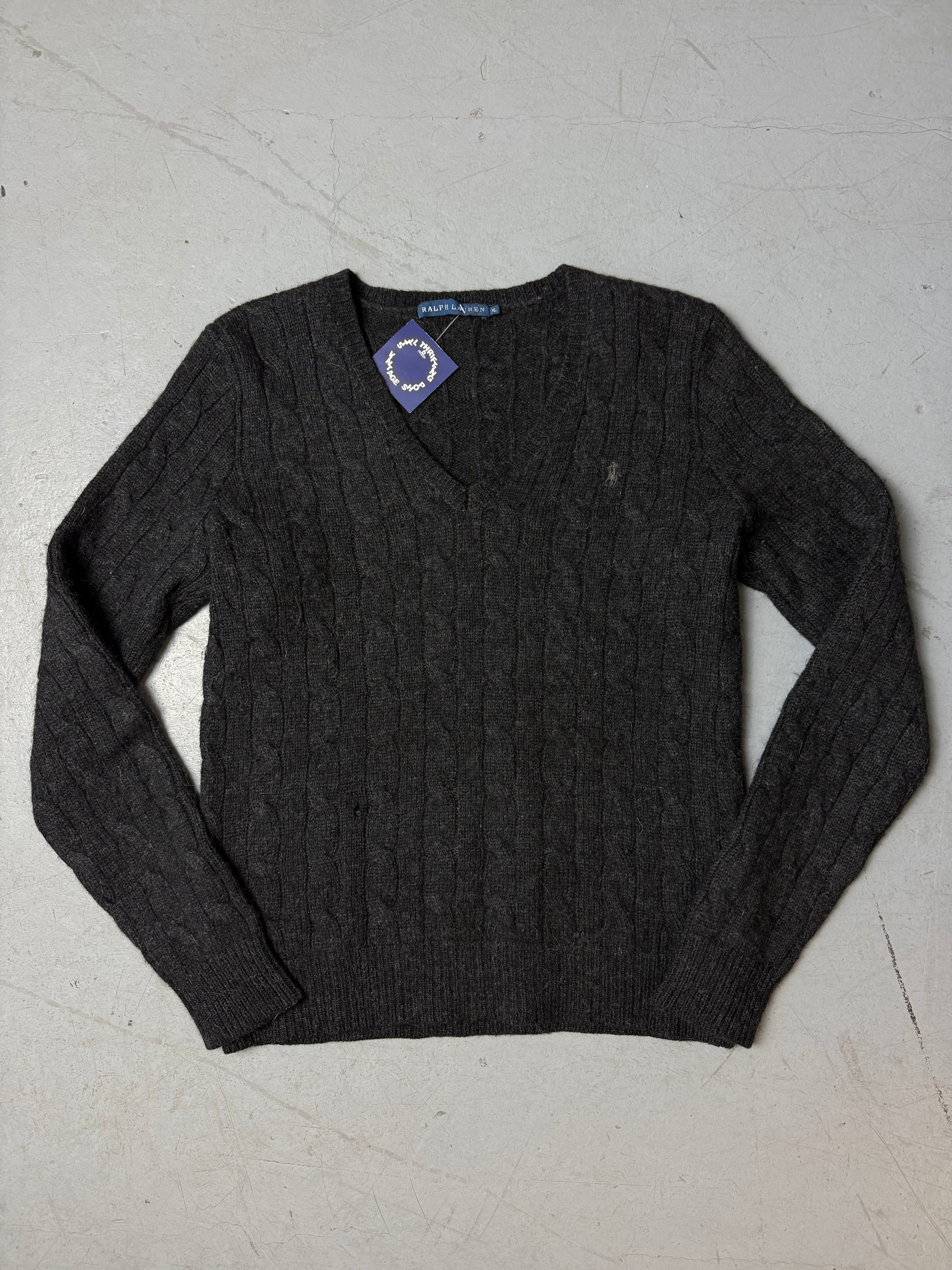 Vintage Ralph Lauren Dark Grey Wool Sweater for boys and girls. Y2K Second Hand 2000s Fashion 