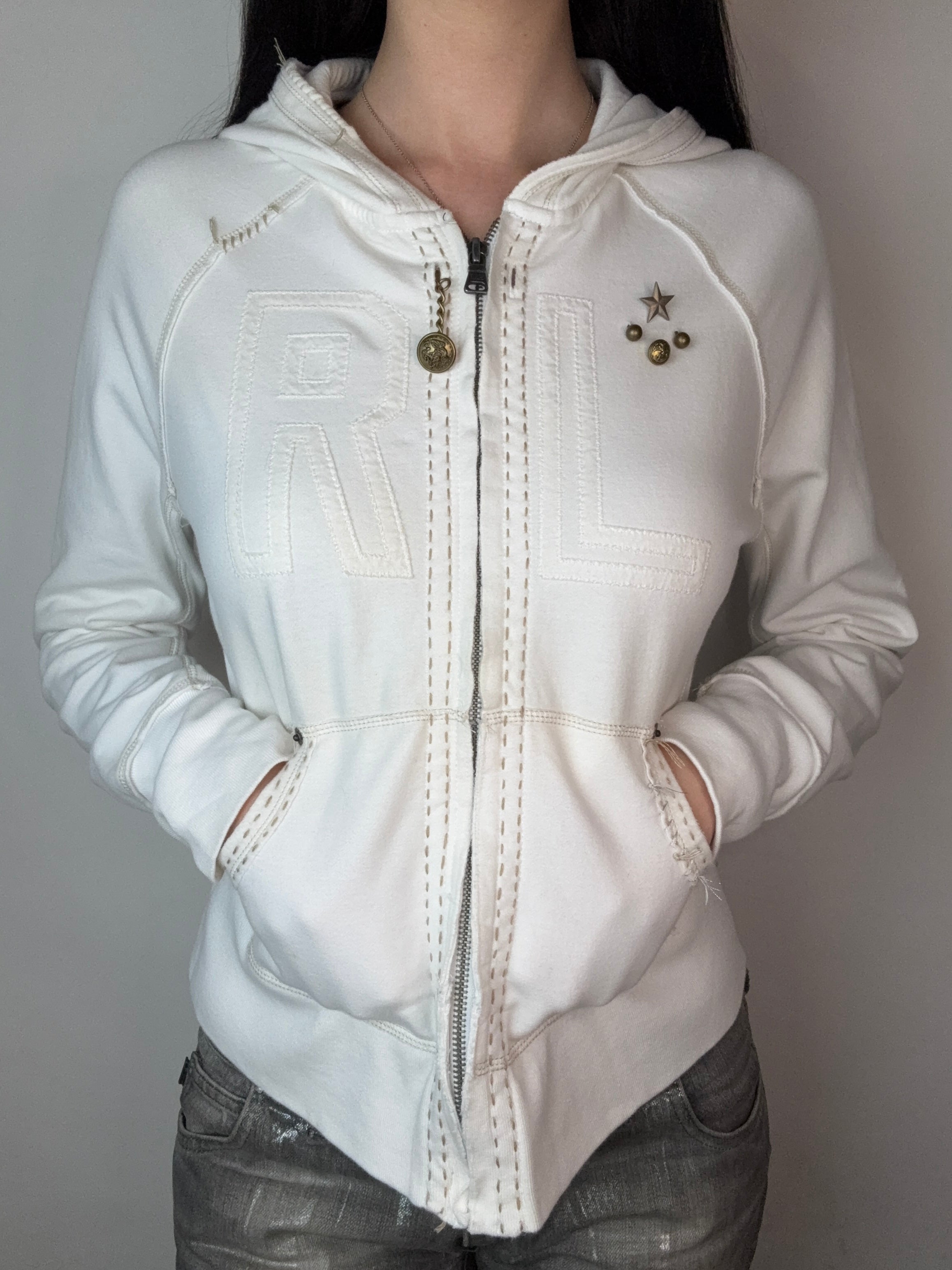 Vintage Polo Ralph Lauren White Hooded Zip Jacket für Damen. Y2K Second Hand 2000s Fashion