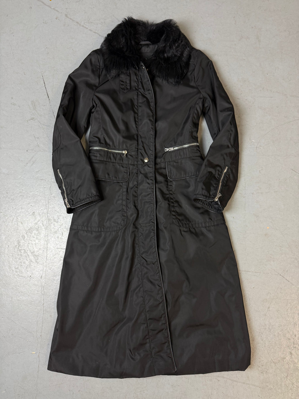 Vintage Prada Black Coat with Sheep Fur Collar M