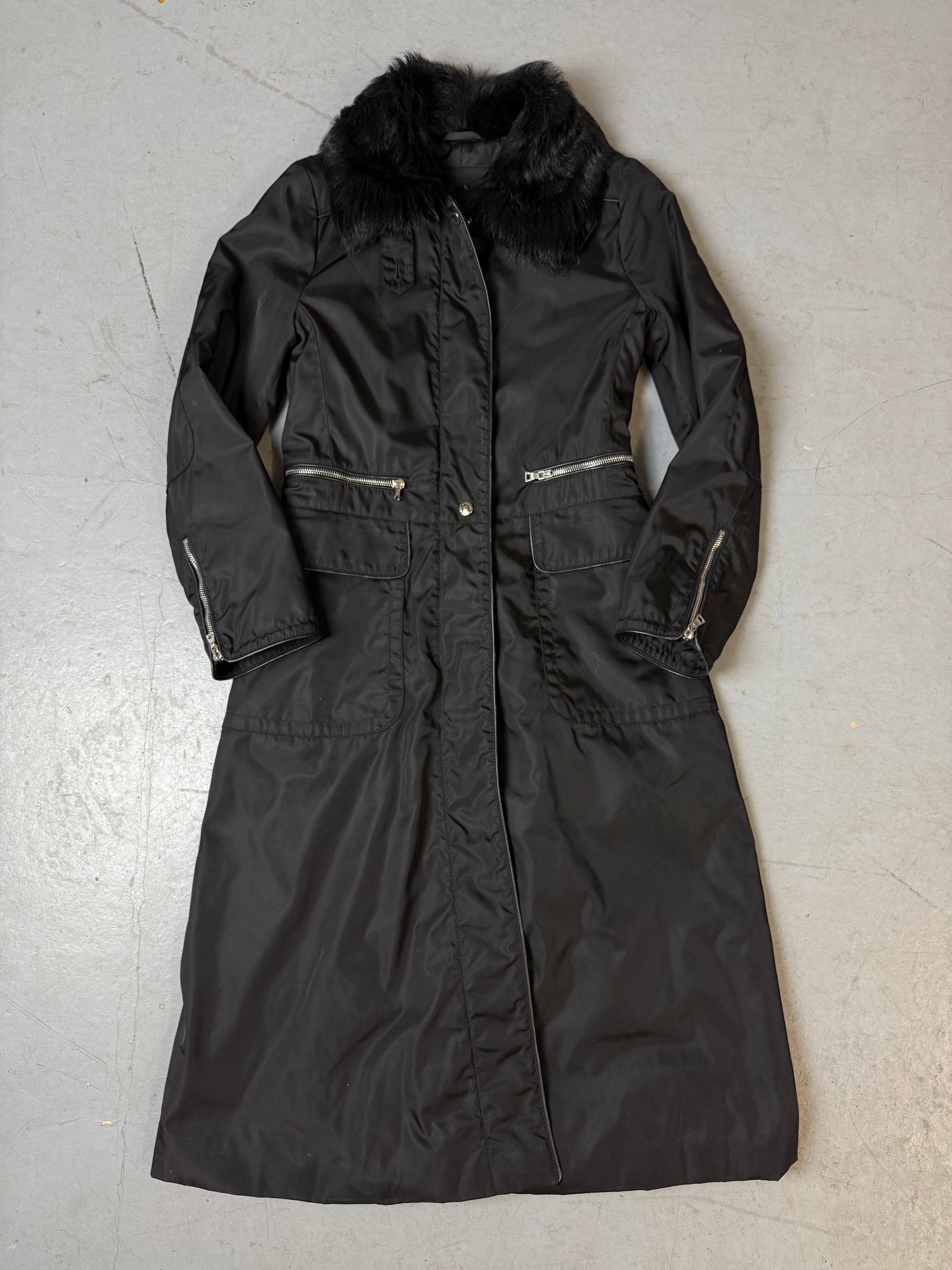 Vintage Prada Black Coat with Sheep Fur Collar M