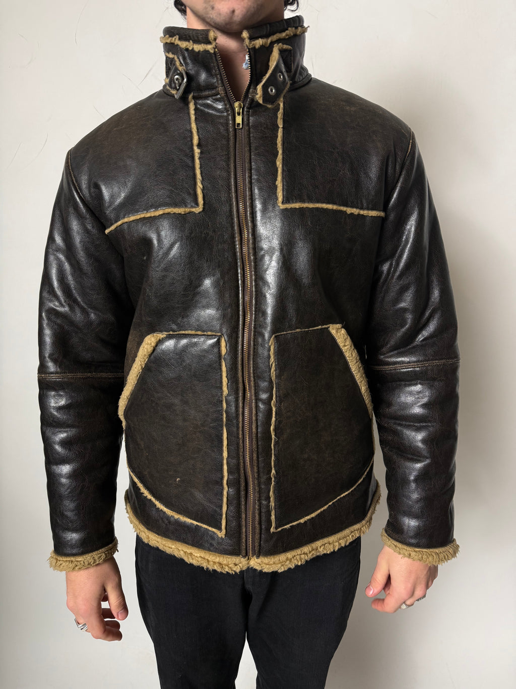 Vintage Faux Leather Jacket with Teddy Lining L