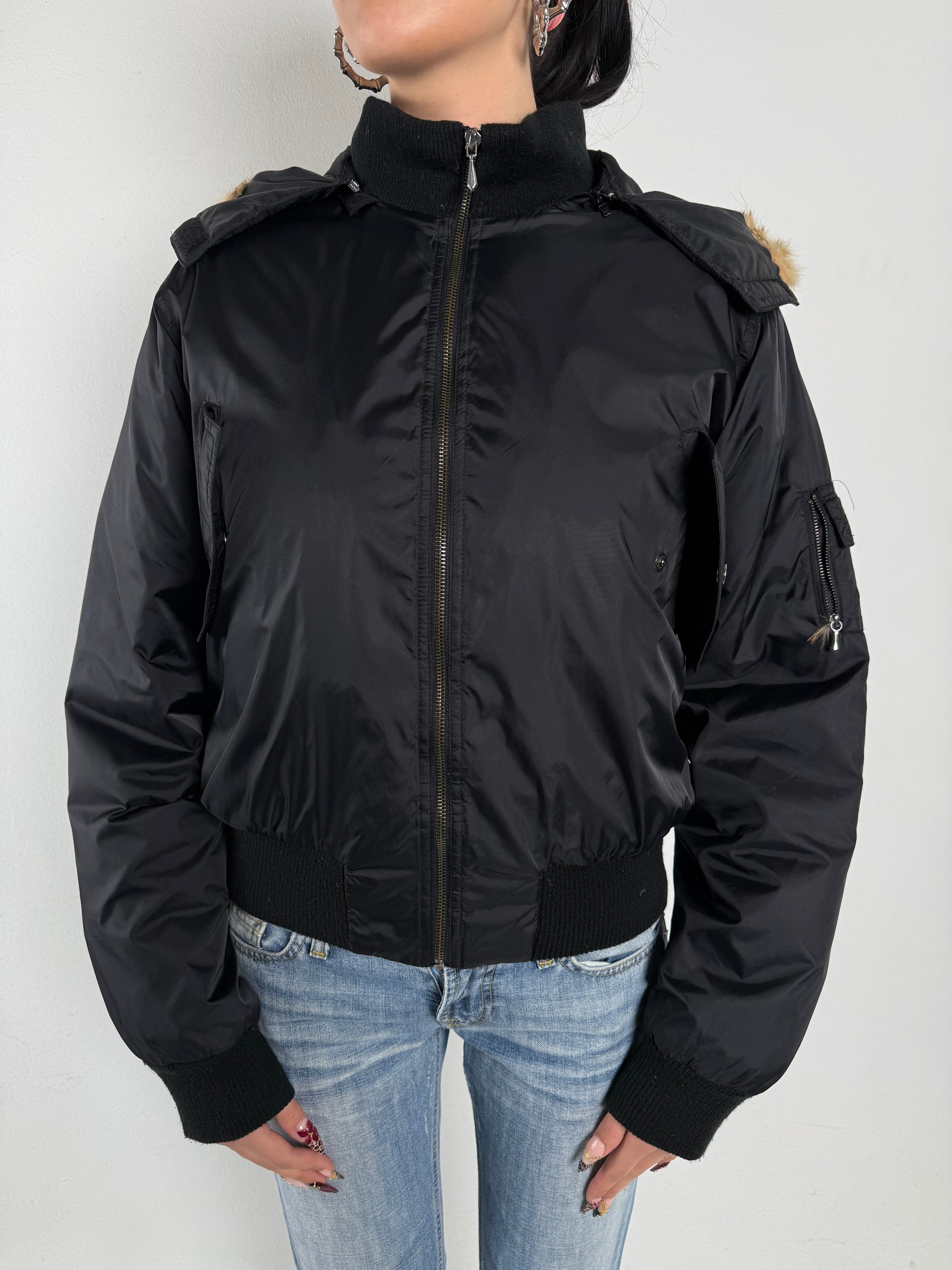 Vintage Y2K Black Bomber Jacket with Fur Hood M/L