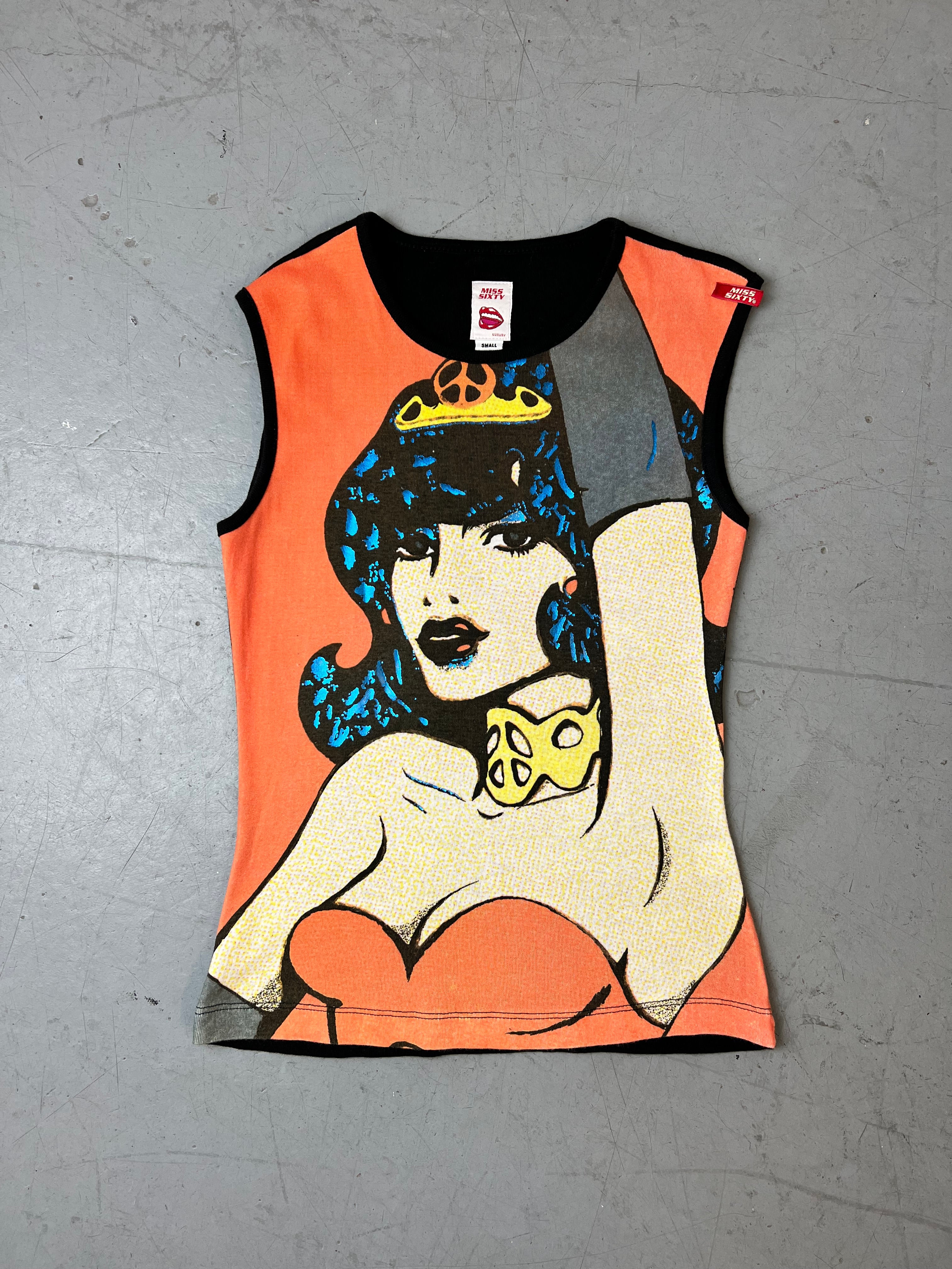 Vintage Miss Sixty Pop Art Printed Tank Top für Damen. Y2K Second Hand 2000s Fashion