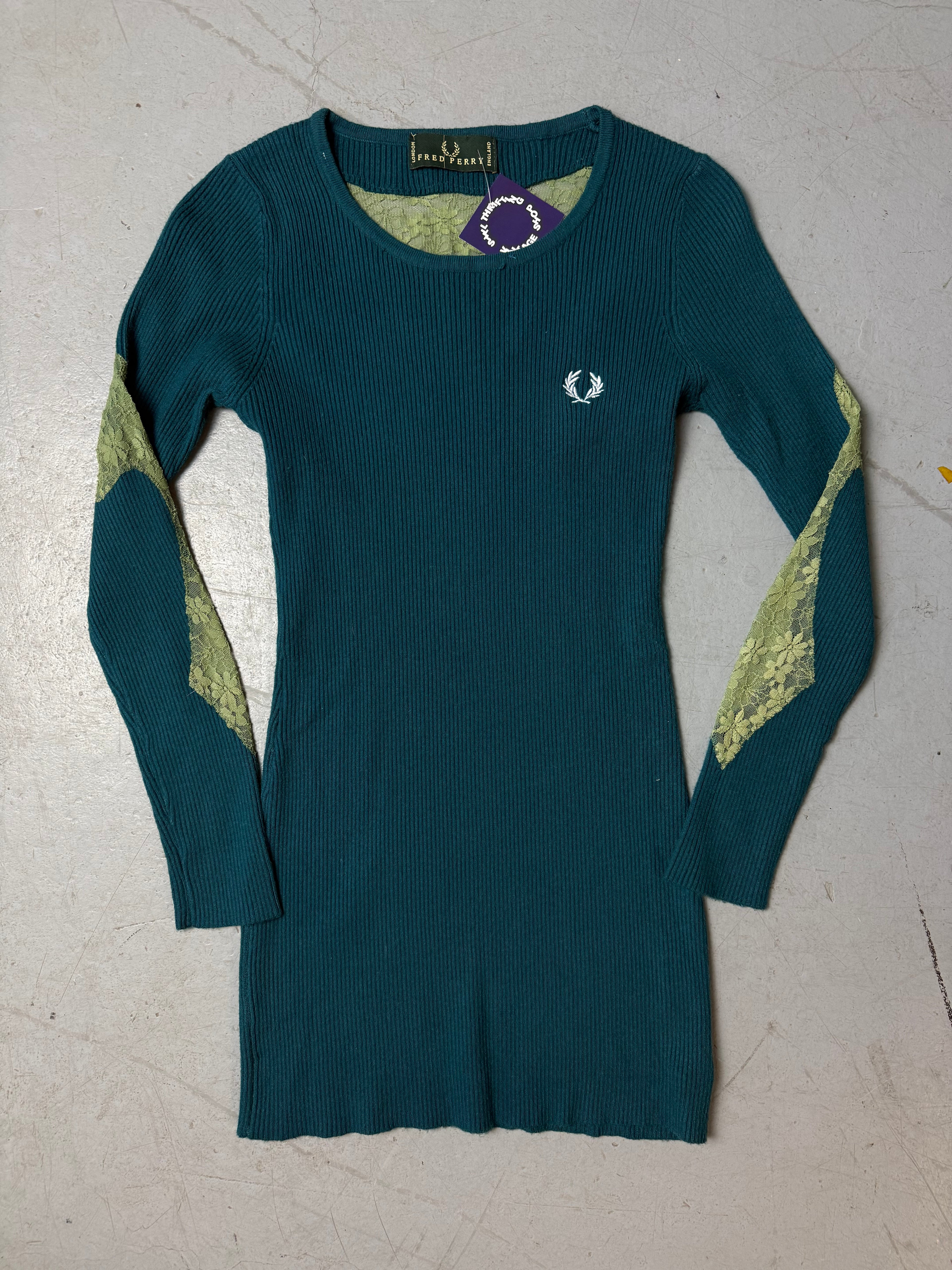 Vintage Fred Perry Turquoise Ribbed Sweater with Lace Details for girls. Y2K Second Hand 2000s Fashion 