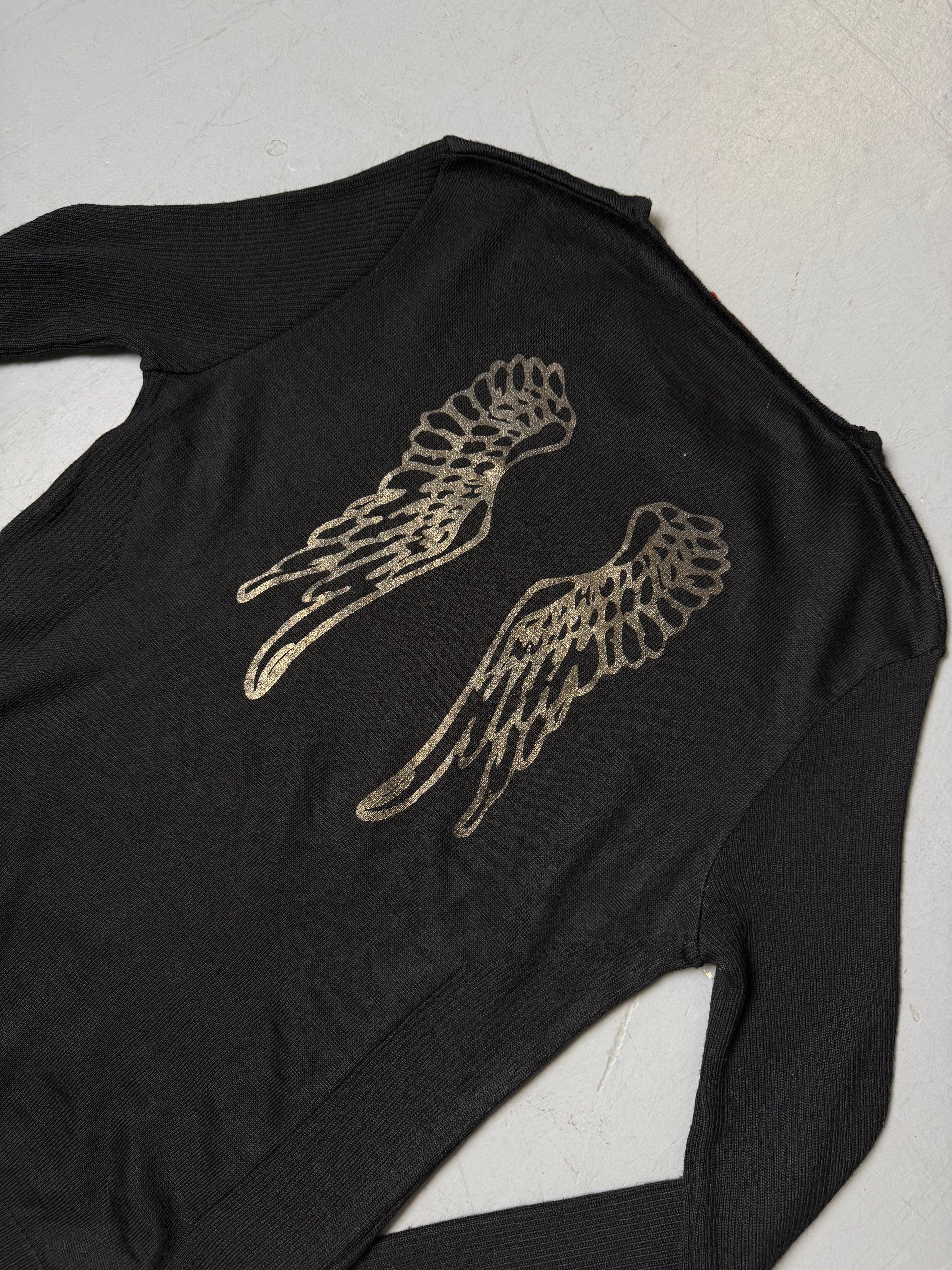 Vintage Angel Devil Black Sweater with Gold Details für Damen. Y2K Secondhand 2000s Fashion.