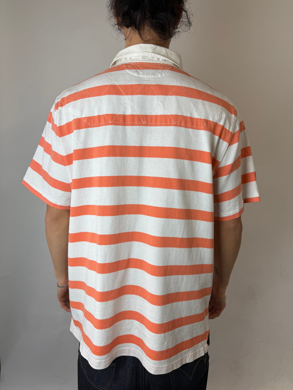 Vintage Polo Ralph Lauren White Orange Striped Polo Shirt für Herren. Y2K Second Hand 2000s Fashion