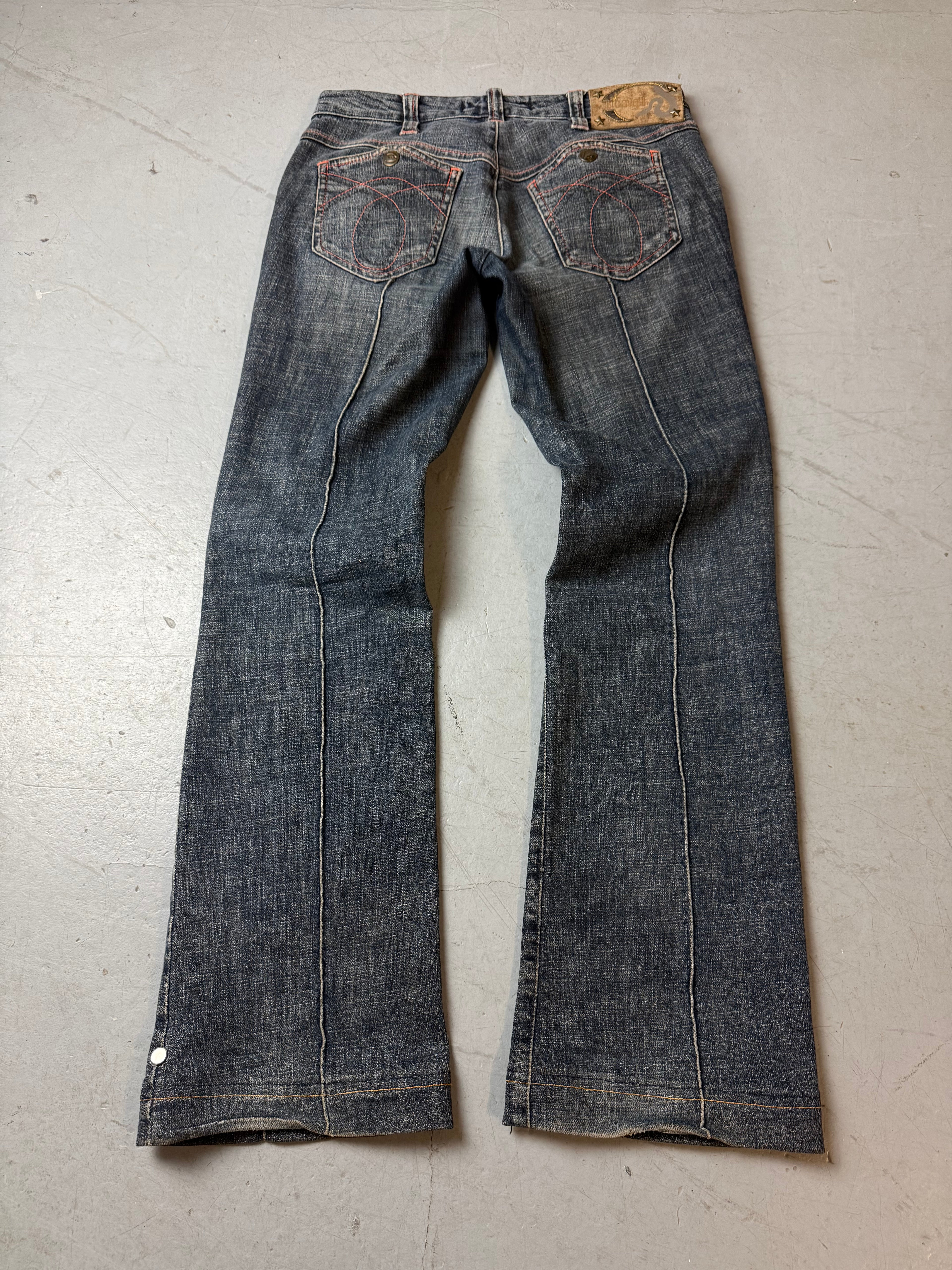 Vintage Just Cavalli Grey Blue Low Waist Bootcut Jeans für Damen. Y2K Second Hand 2000s Fashion