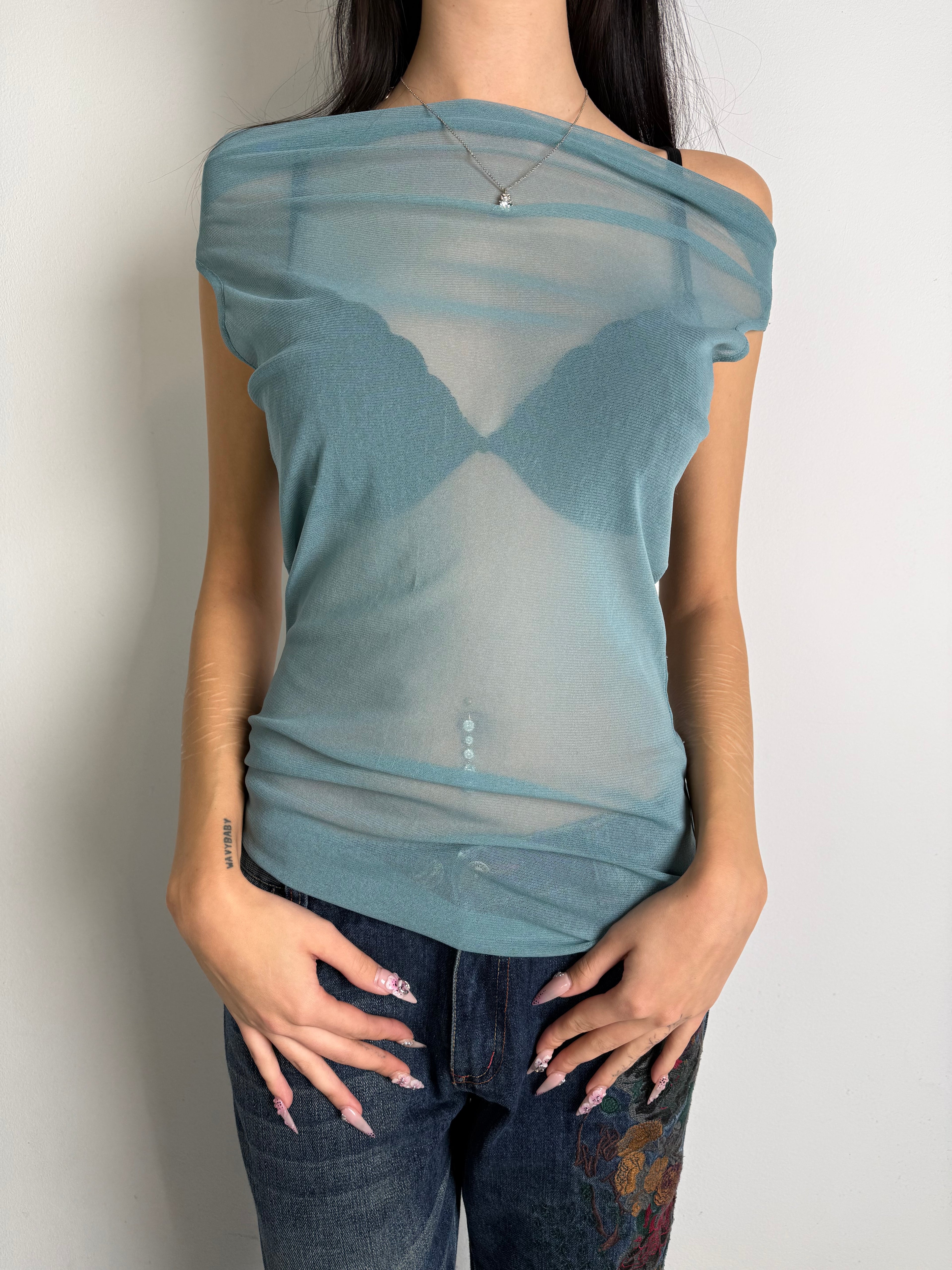 Vintage Blue Mesh Seethrough Tank Top M