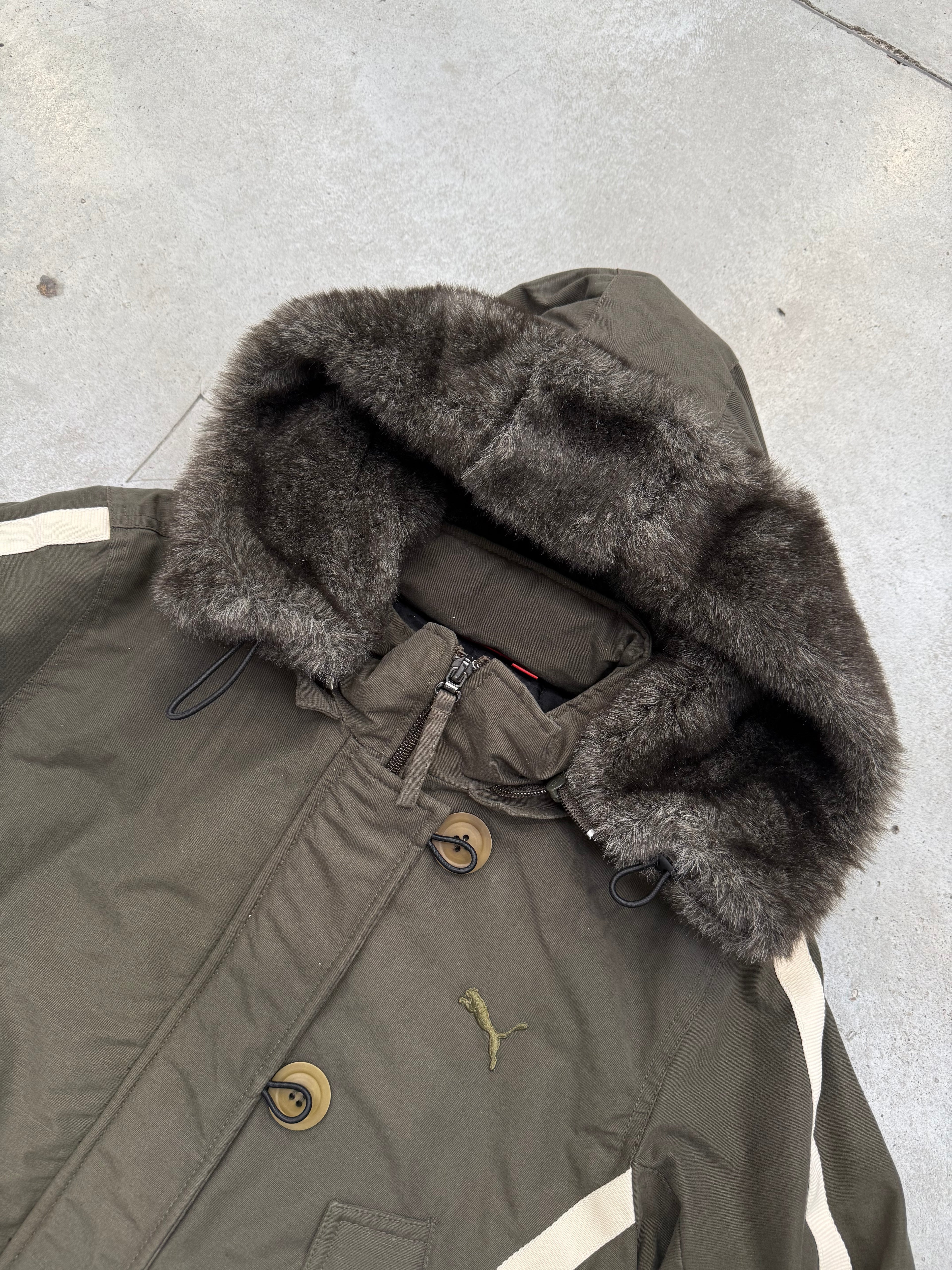 Vintage Puma Green Cropped Jacket with Faux Fur Hood M