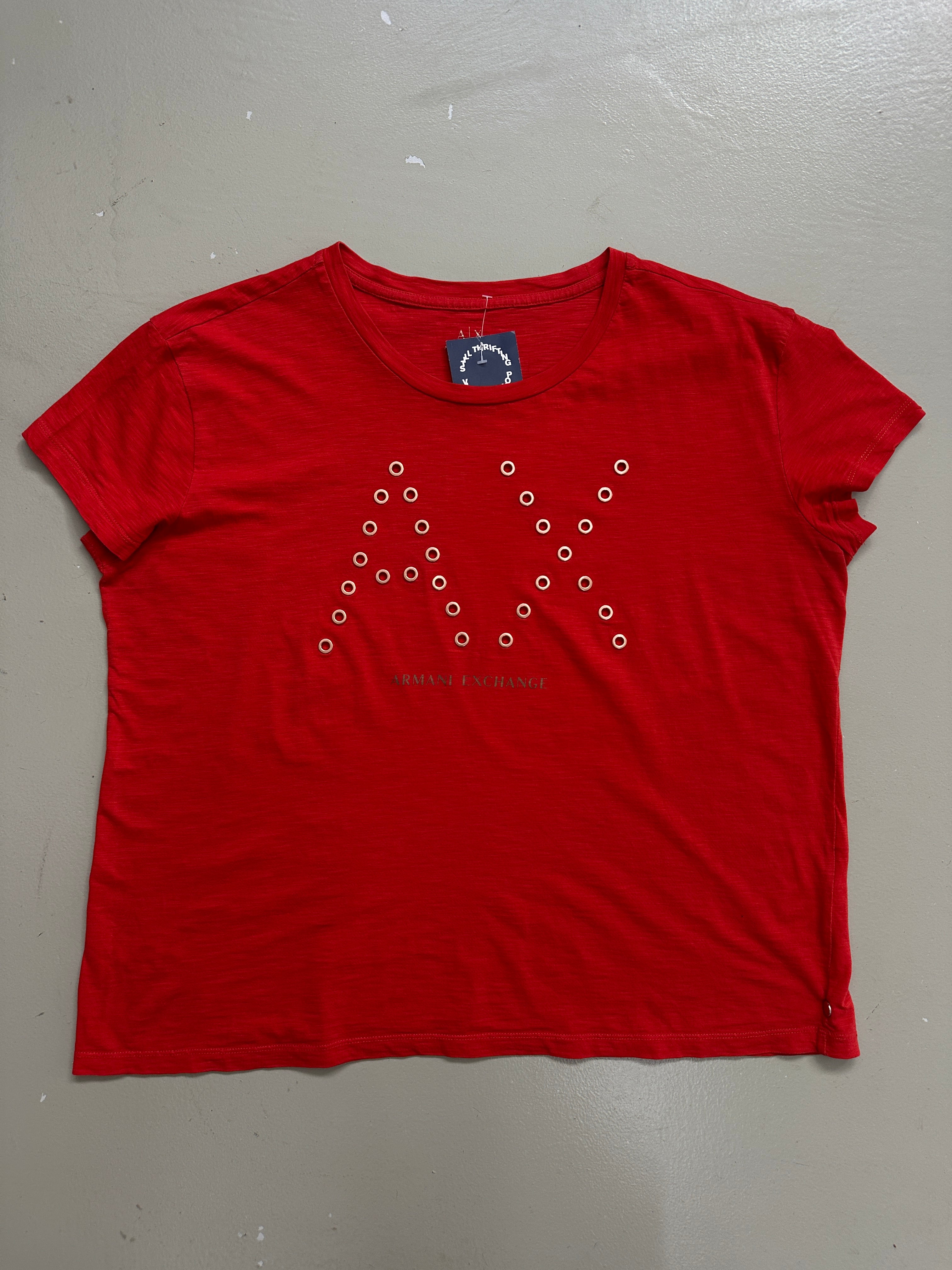 Vintage Armani Exchange Red T-Shirt with Gold Studs L