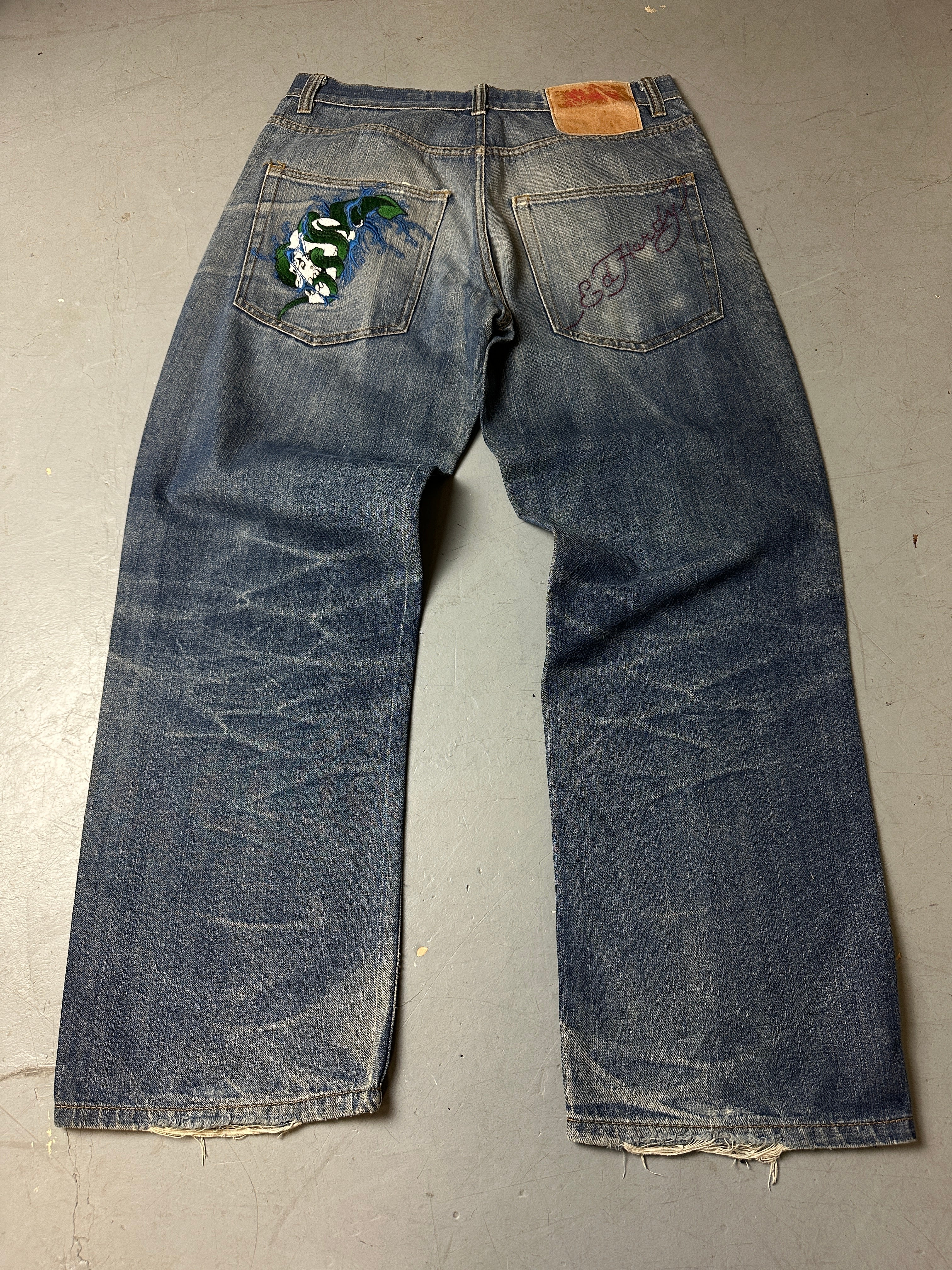 Vintage Ed Hardy Light Blue Baggy Denim with Stitching M/L