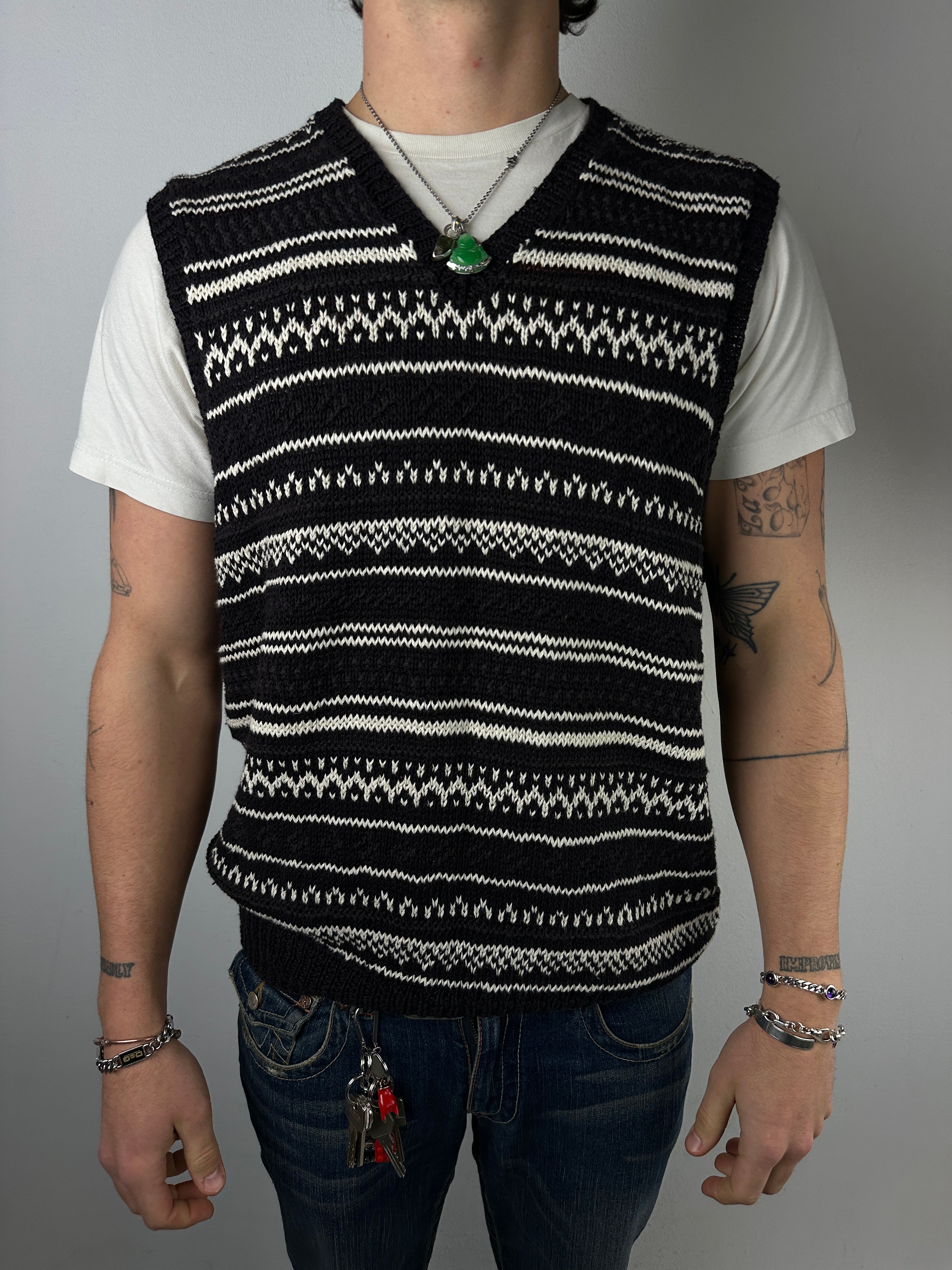 Vintage Polo Ralph Lauren Black and White Sleeveless Knit Sweater für Herren. Y2K Second Hand 2000s Fashion