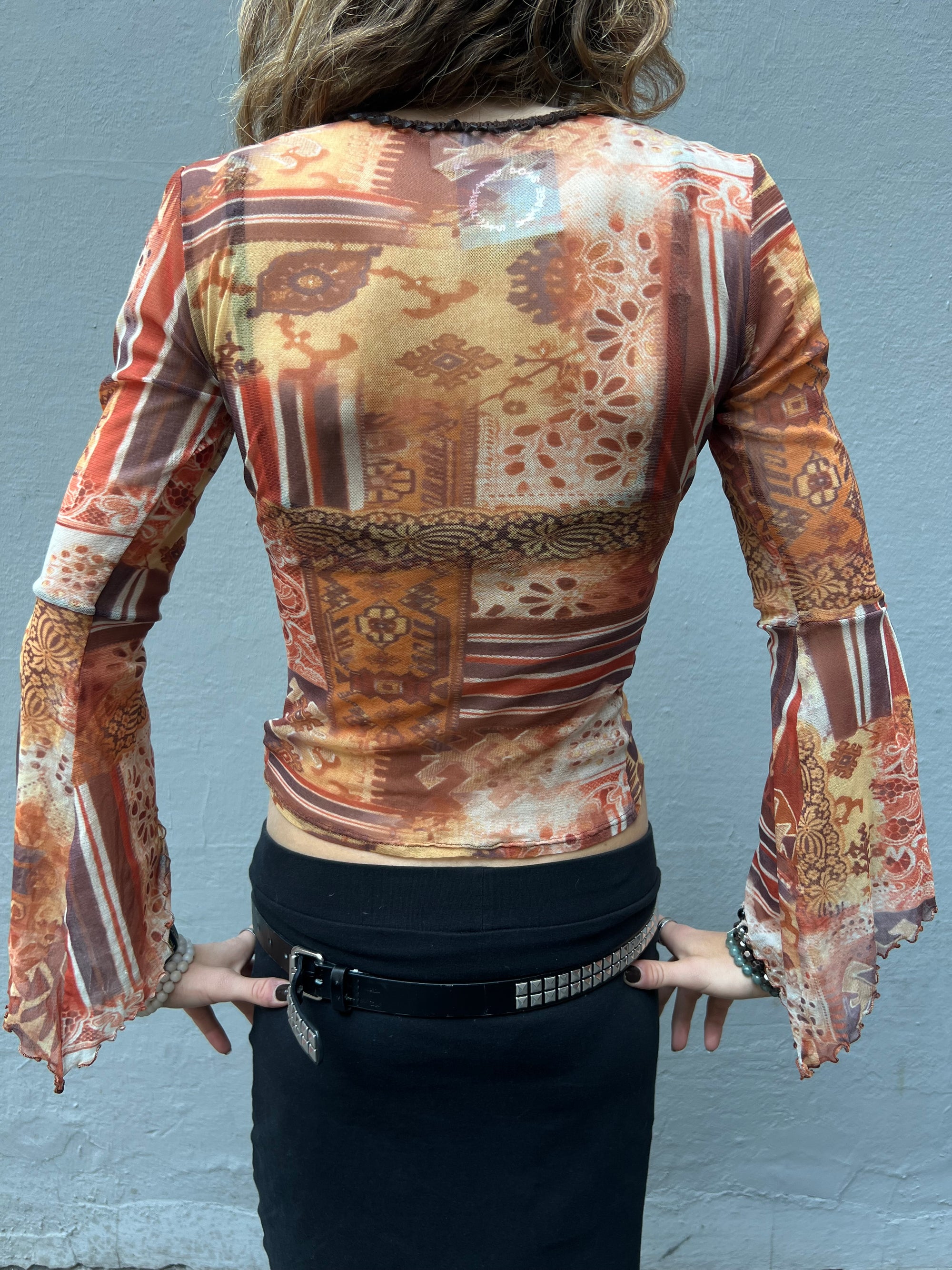 Vintage Orange Printed Mesh Longsleeve S