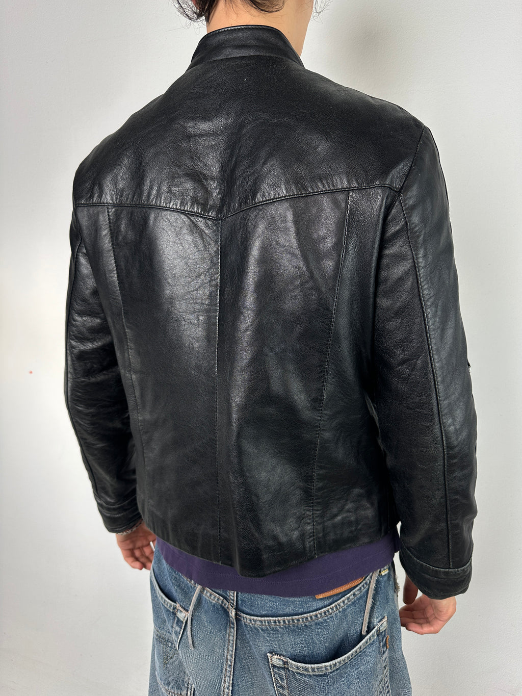 Vintage Black Italian Strap Detail Leather Jacket M/L