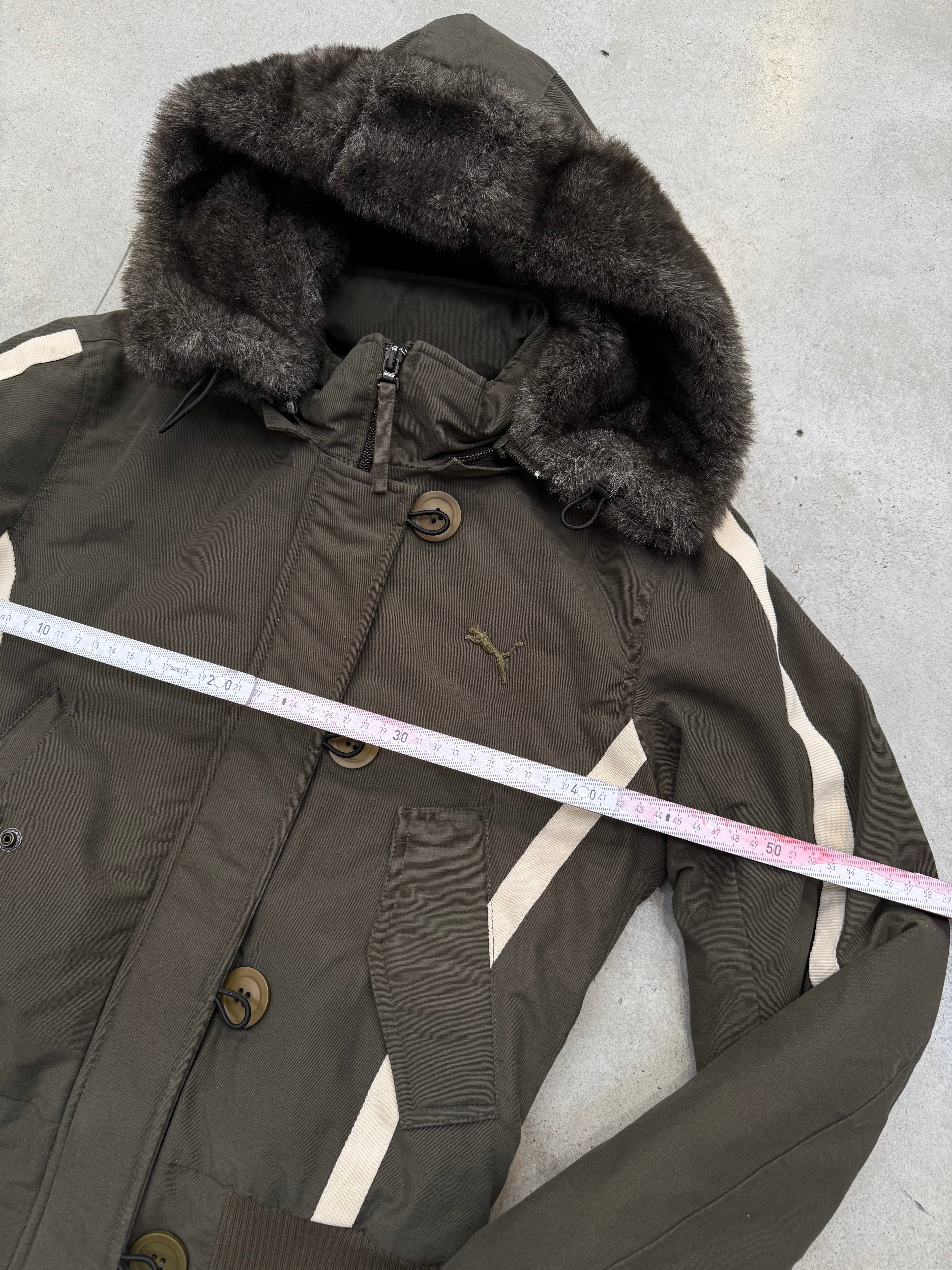 Vintage Puma Green Cropped Jacket with Faux Fur Hood M