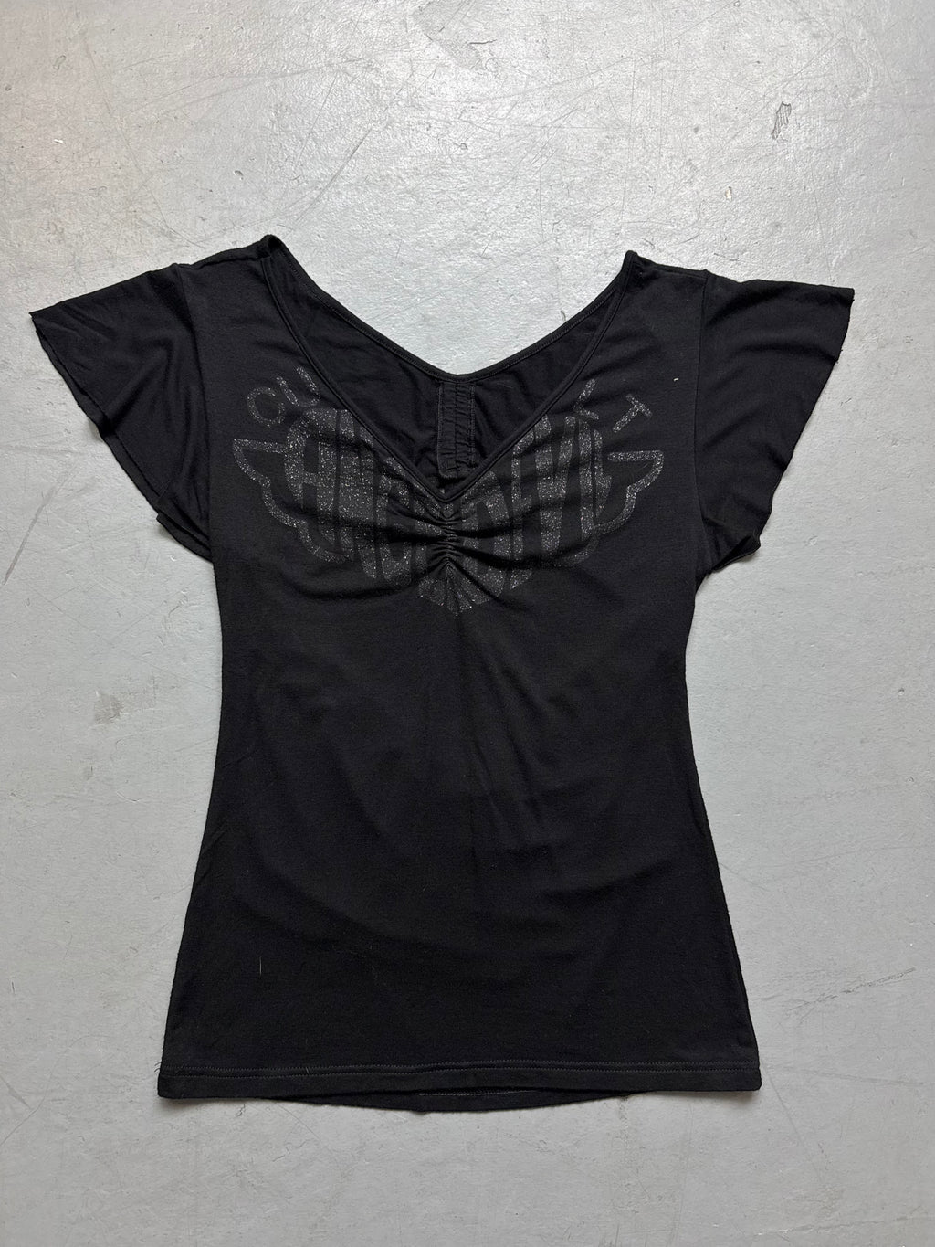 Vintage Black V-Neck Glitter Top for women. Y2K Second Hand 2000s Fashion.