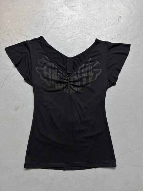 Vintage Black V-Neck Glitter Top for women. Y2K Second Hand 2000s Fashion.