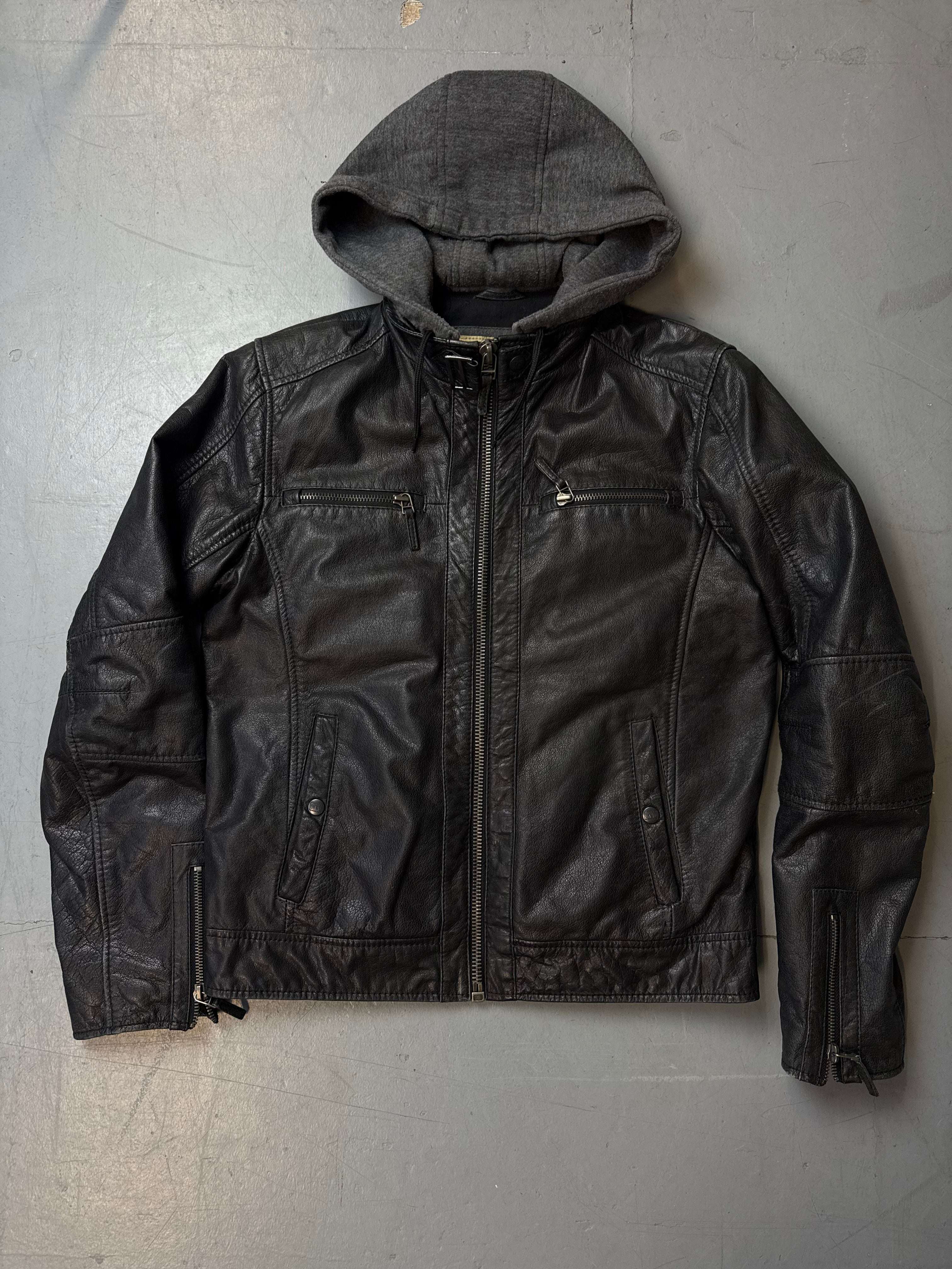 Vintage Oakwood Black Hooded Leather Jacket M