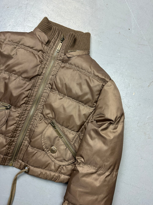 Vintage Brown Super Cropped Puffer Jacket für Damen. Y2K Second Hand 2000s Fashion