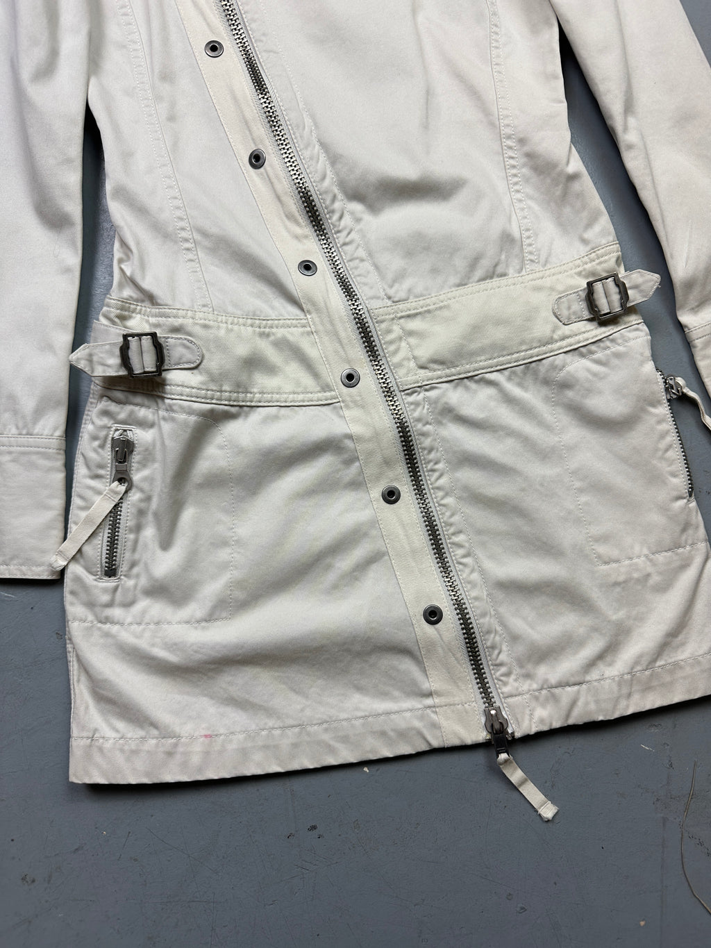 Vintage Diesel Rising Sun White Coat with asymmetrical zip. Y2K Second Hand 2000s Fashion