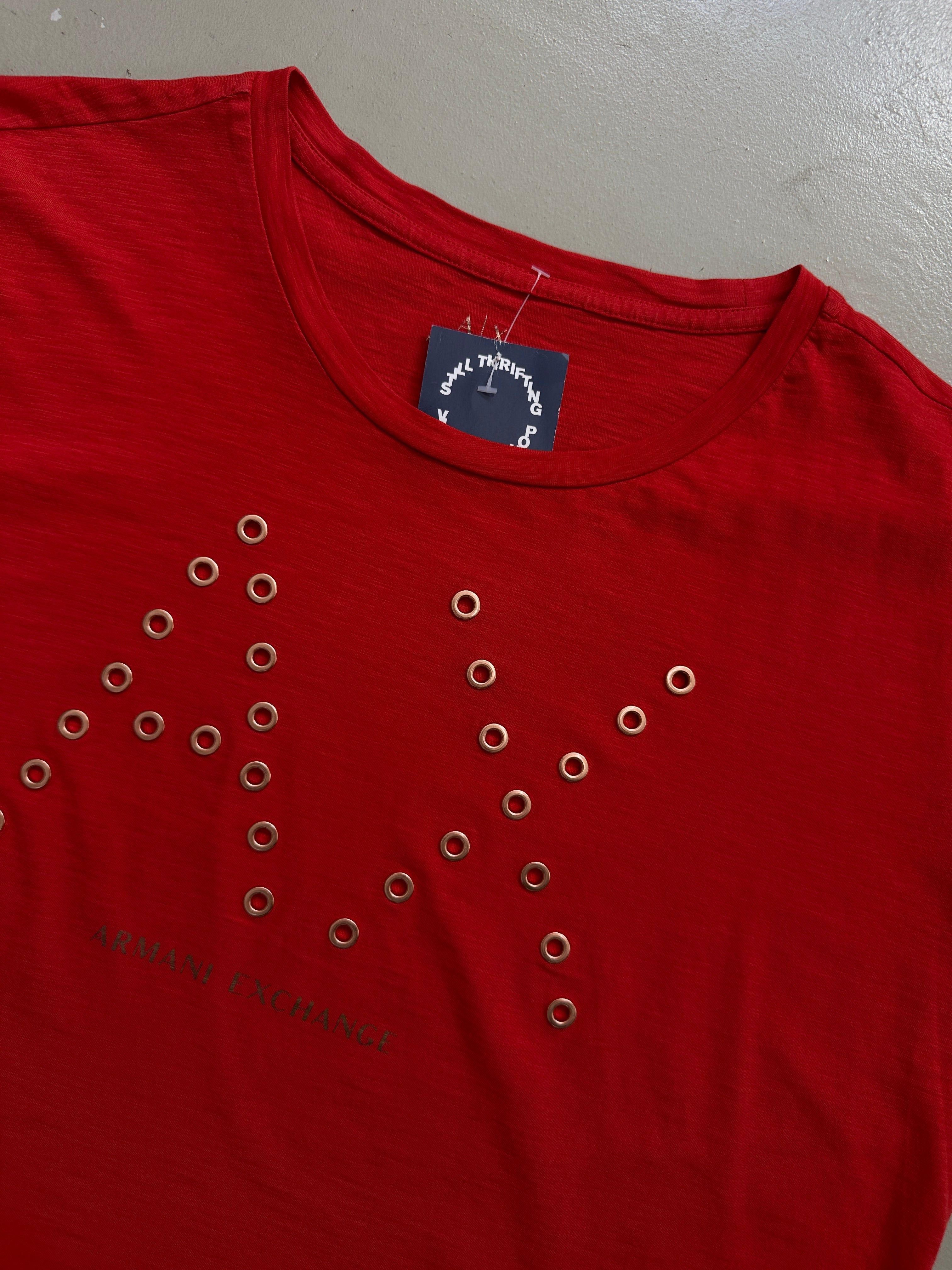 Vintage Armani Exchange Red T-Shirt with Gold Studs L