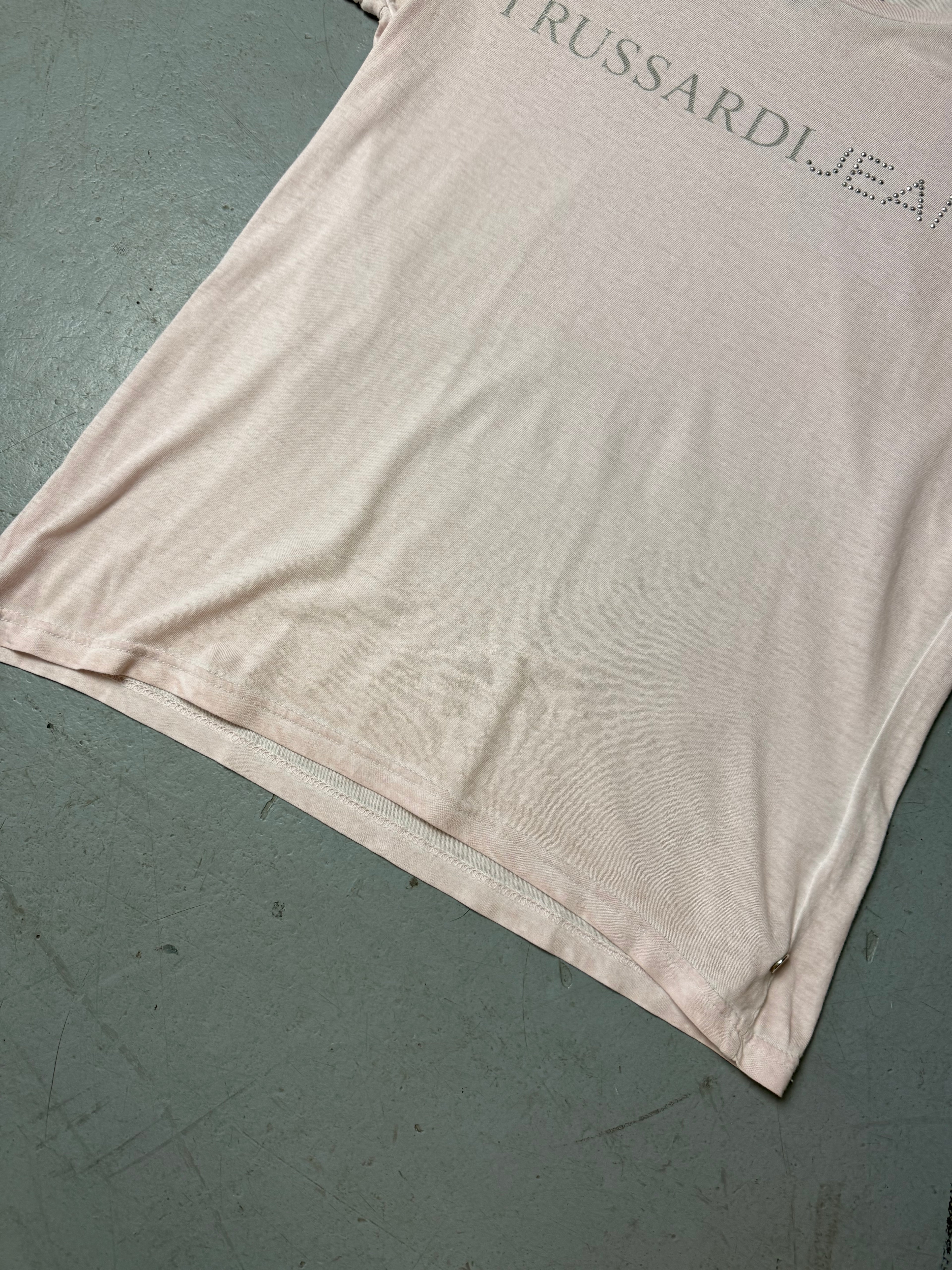 Vintage Trussardi Jeans Light Pink T-Shirt Whit nice glitter stones for girls. Y2K Second Hand 2000s Fashion 