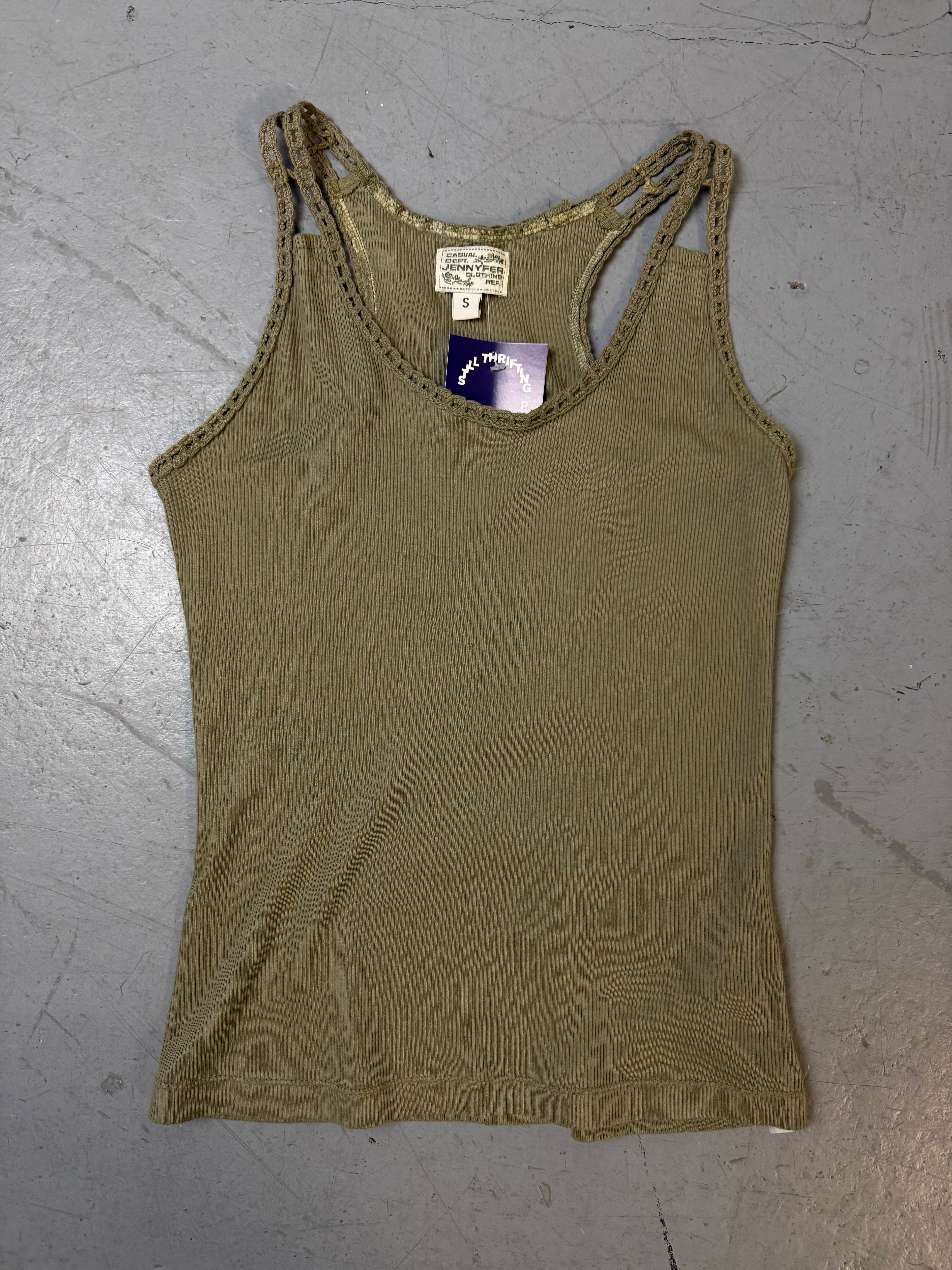 Vintage Jennyfer Khaki Ribbed Tank Top for girl. Y2K Second Hand 2000s Fashion 