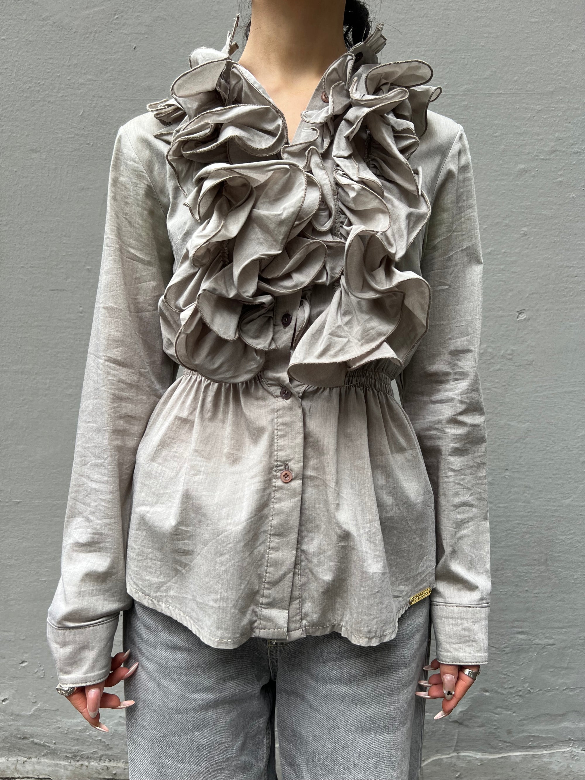 Vintage Beige Ruffle Blouse S