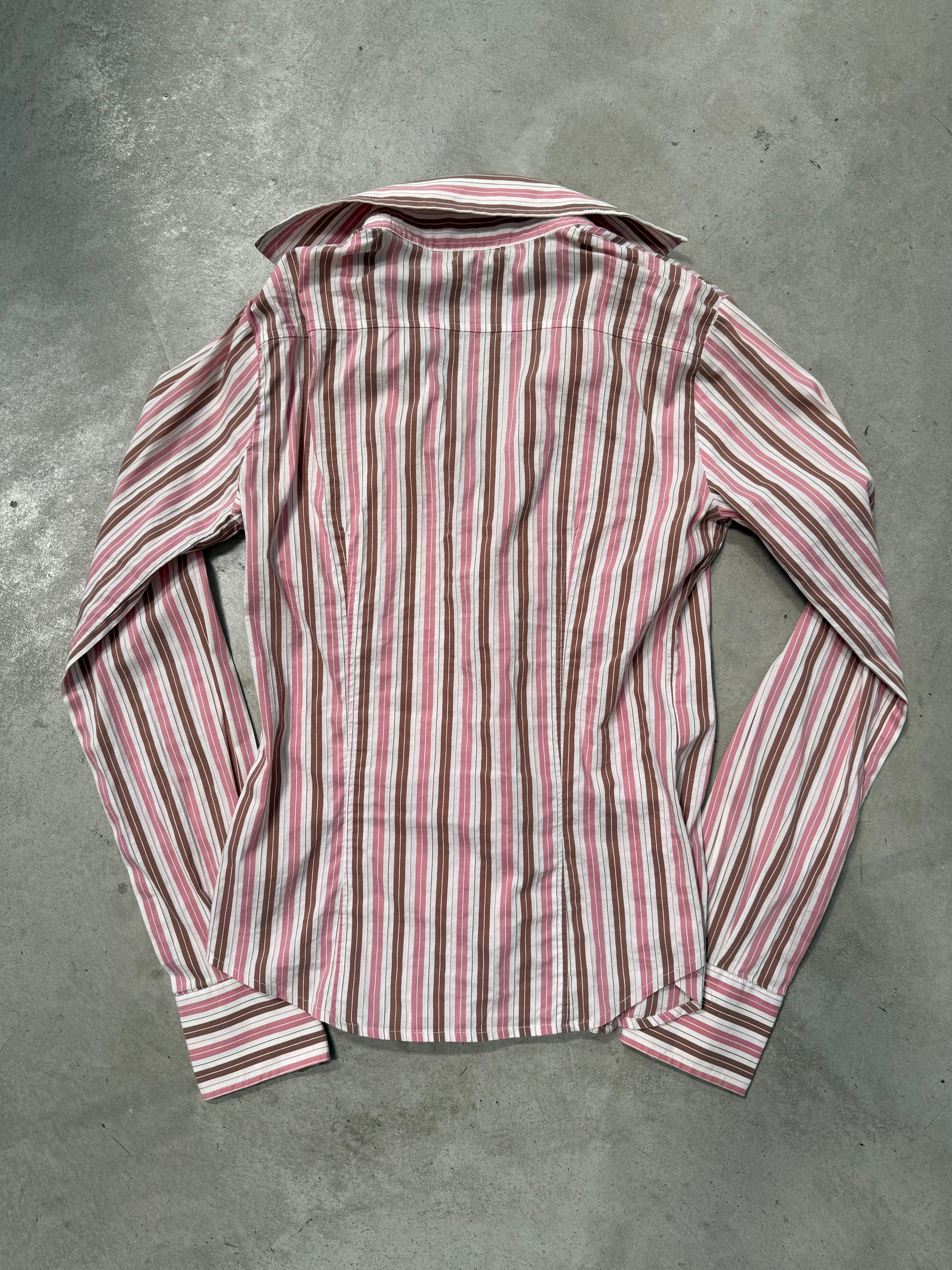 Vintage Brown and Pink Striped Button Up Blouse für Damen Y2K Second Hand Fashion