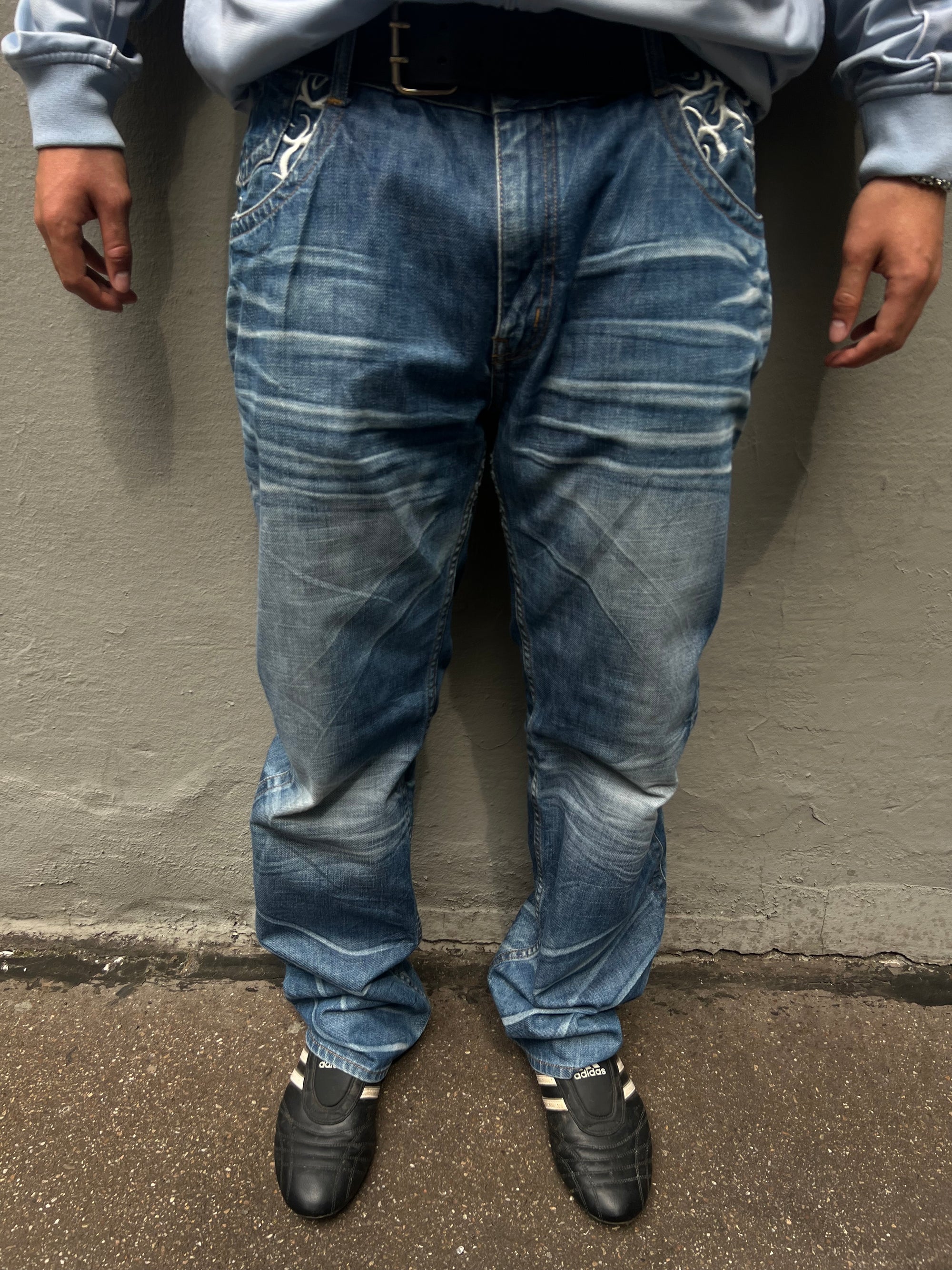 Vintage Stiched Tribal Big Train Blue Denim L/XL