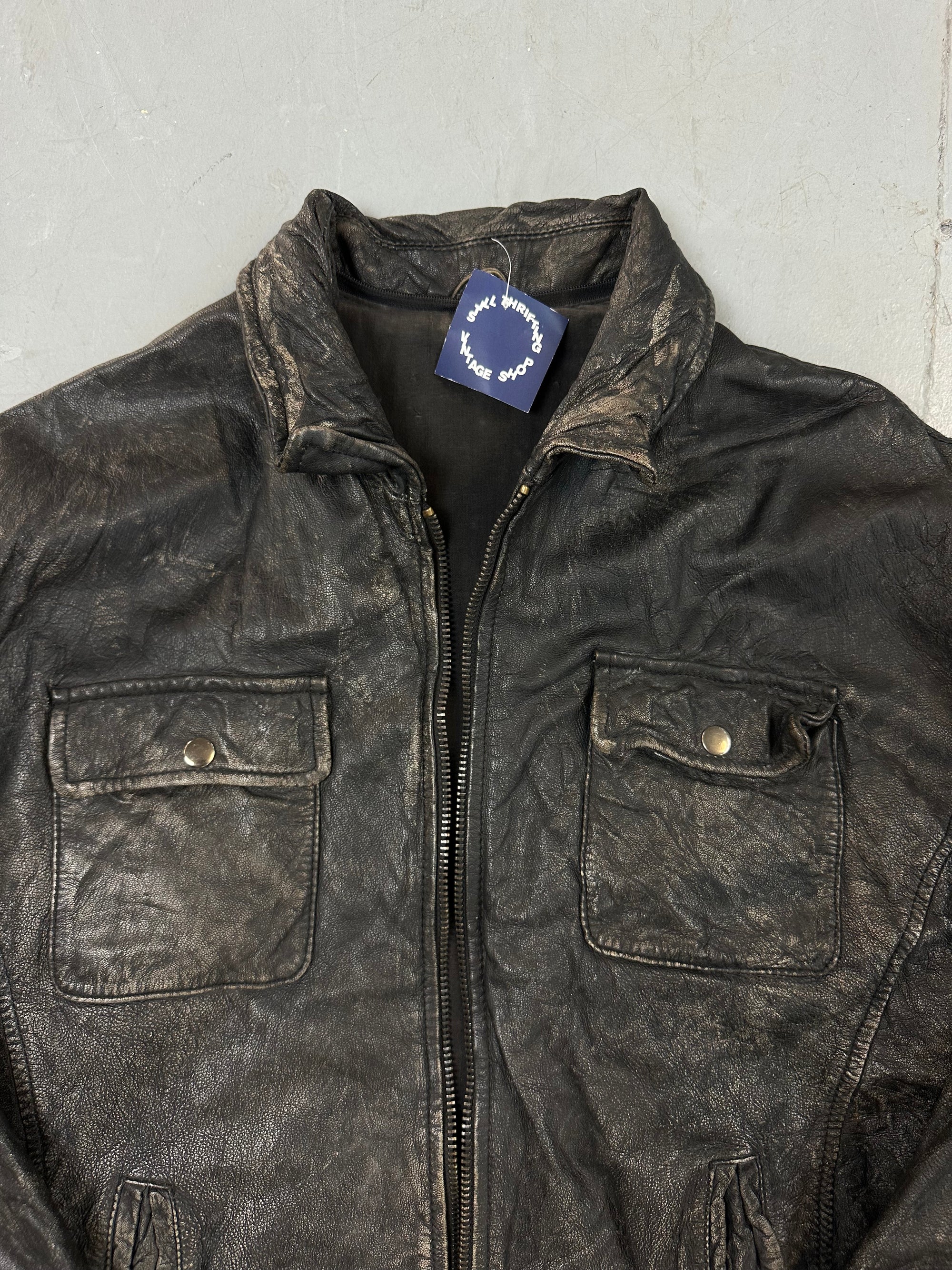 Vintage Black Leather Washed Jacket L/XL