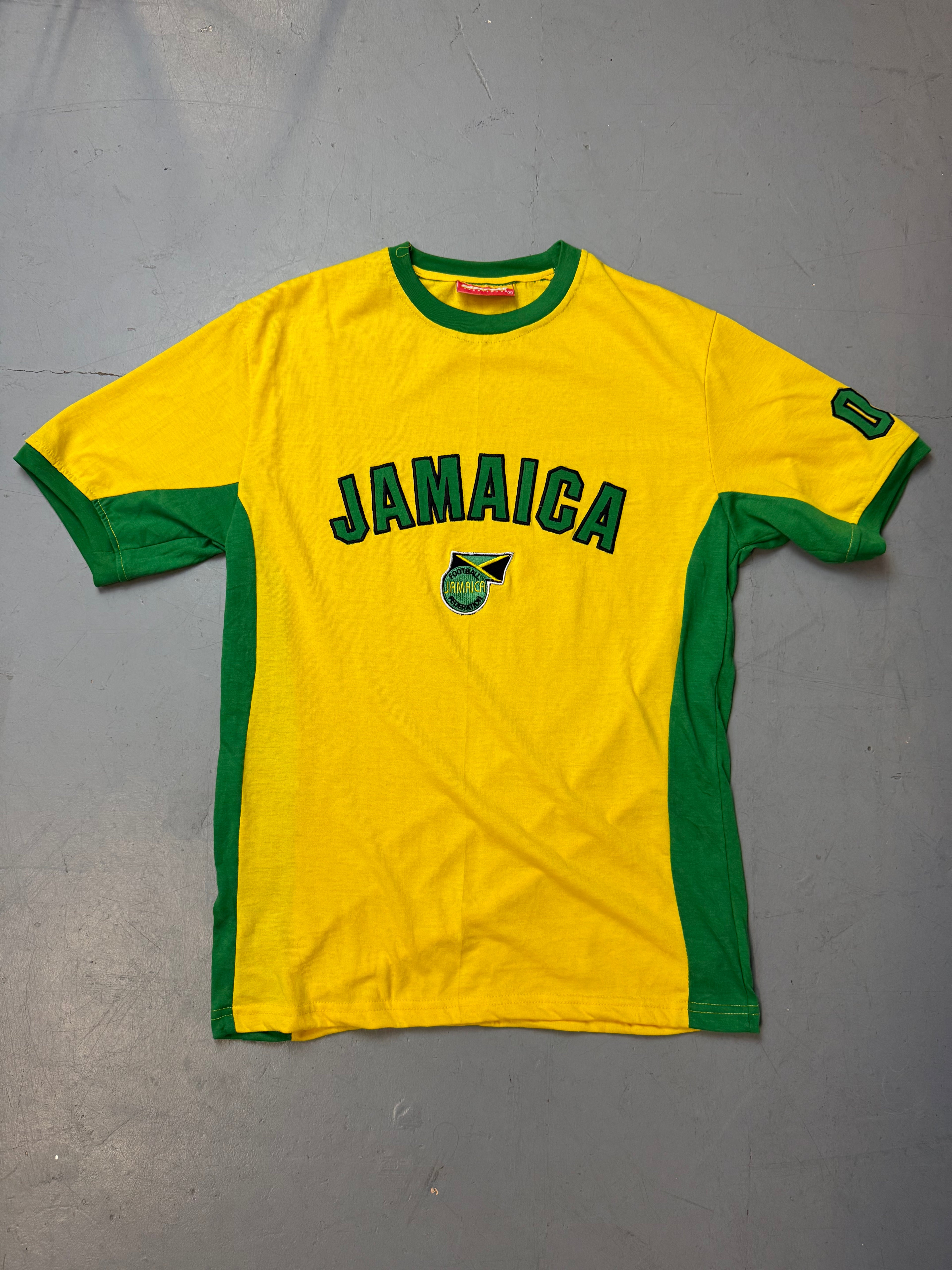 Vintage Jamaica Printed T-Shirt in gelb und grün für Herren. Y2K Second Hand 2000s Fashion