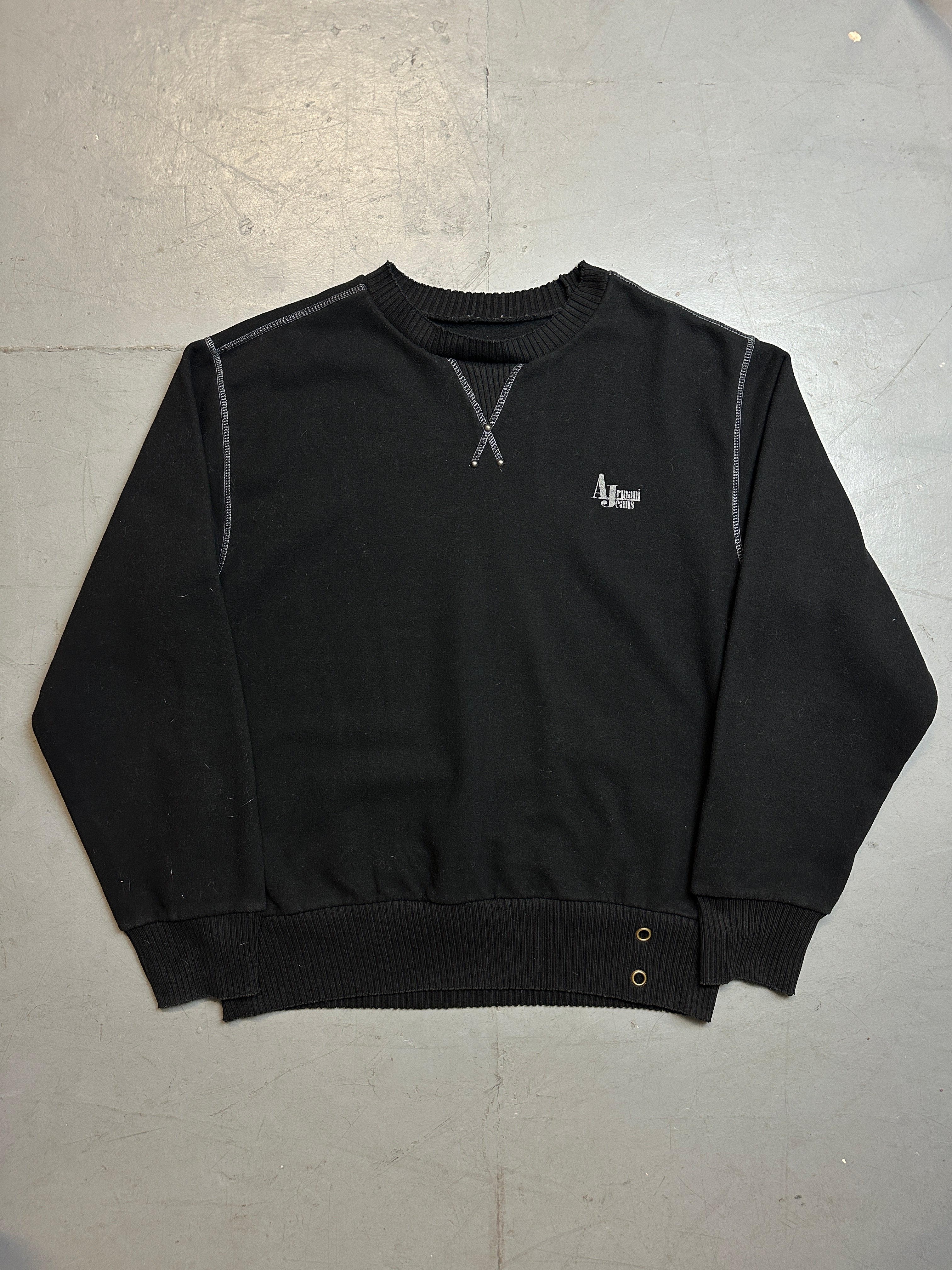 Vintage Armani Jeans Black Sweater with Backprint für Männer. Y2K Secondhand 2000s Fashion