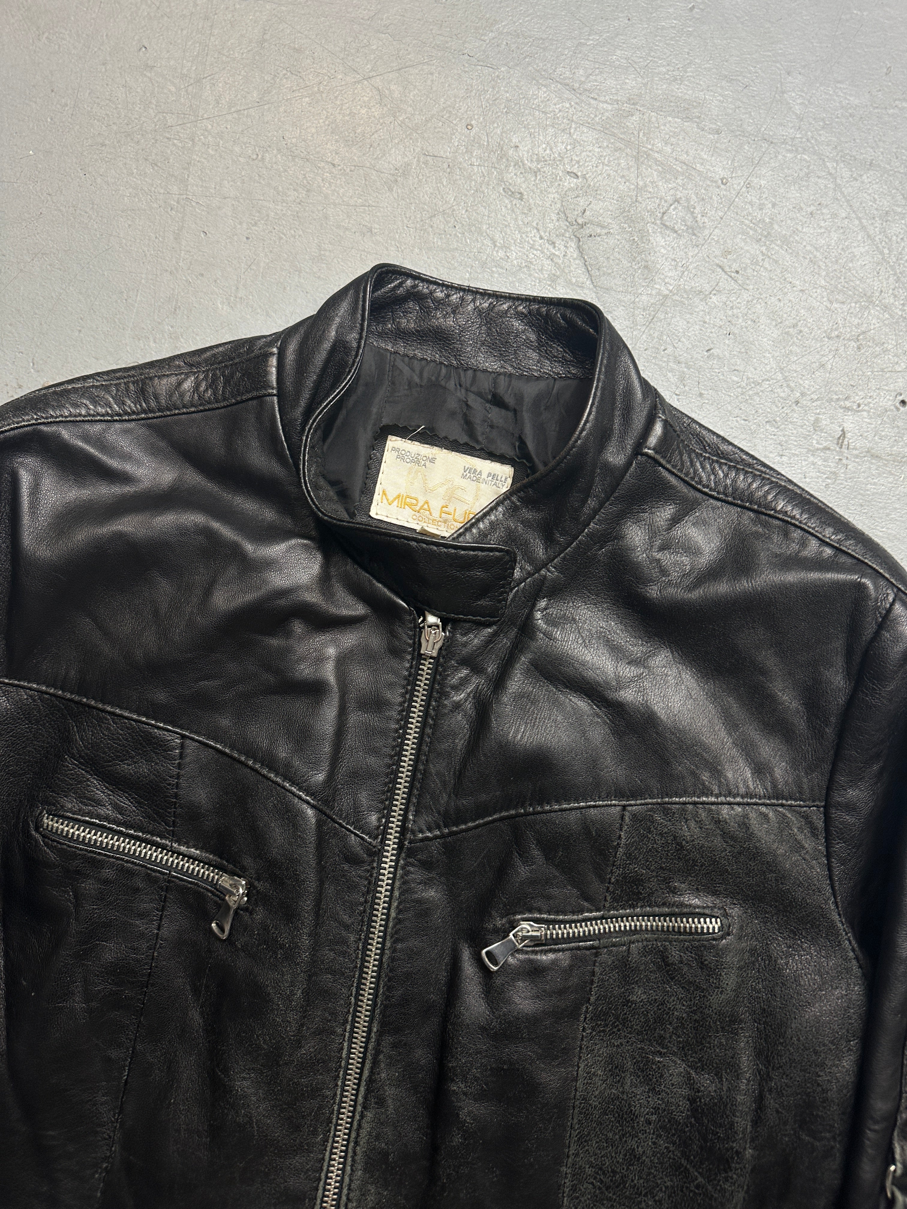 Vintage Black Italian Strap Detail Leather Jacket for men. Y2K Second Hand 2000s Fashion 