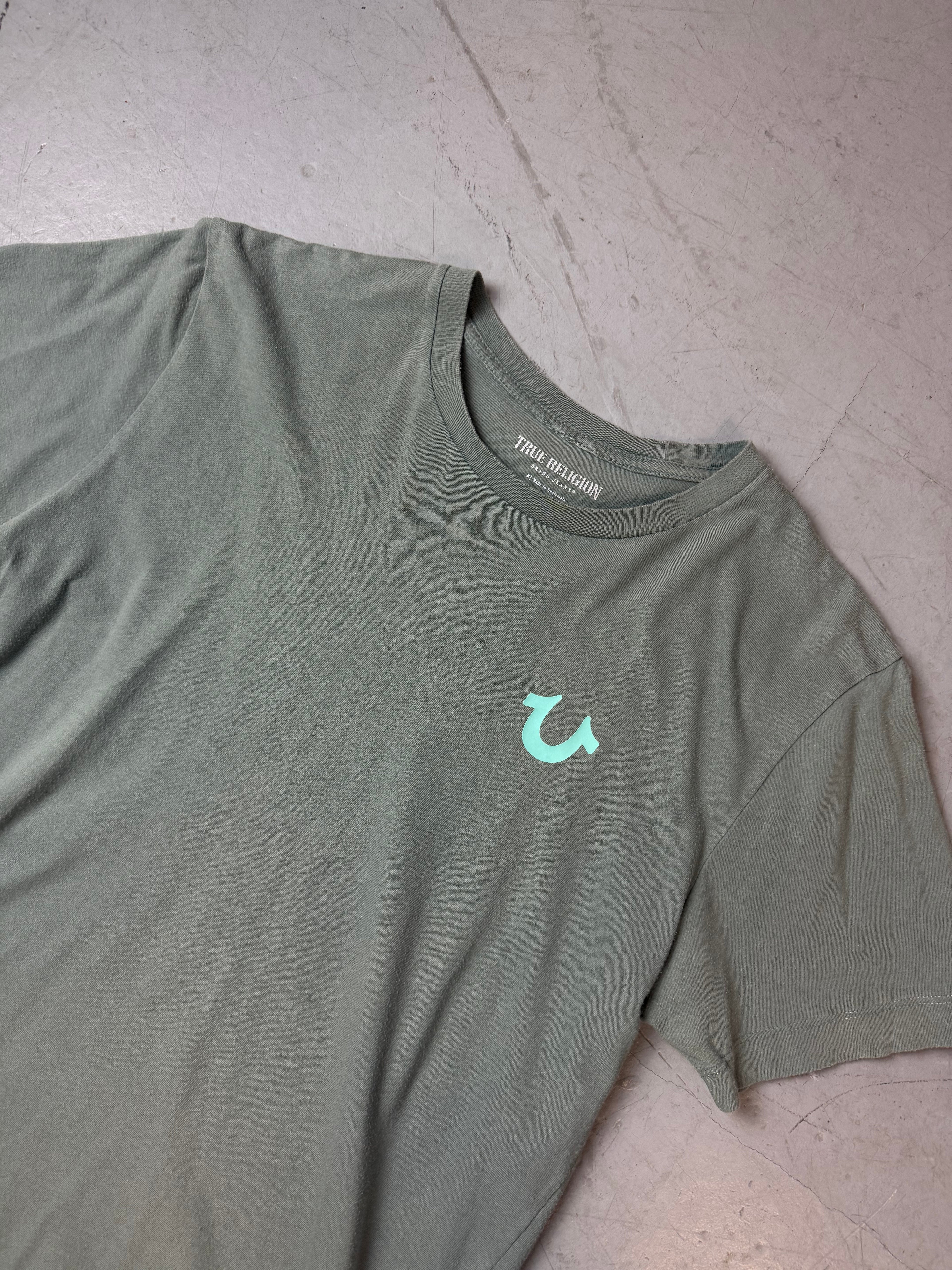 Detailbild von Vintage True Religion Blue/Grey Backprint T-Shirt M von vorne