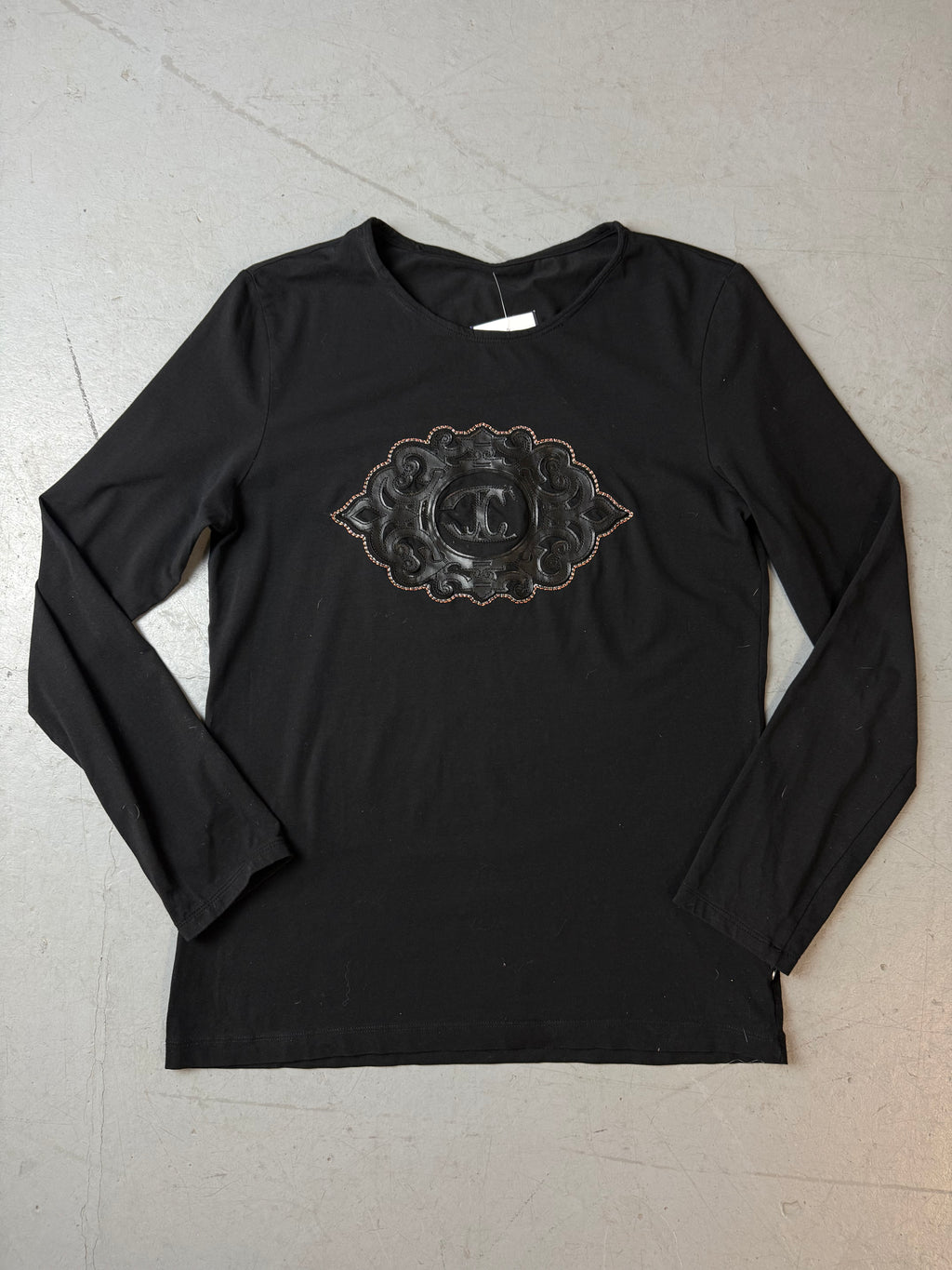 Vintage Just Cavalli Black Longsleeve mit Print für Damen. Y2K Second Hand 2000s