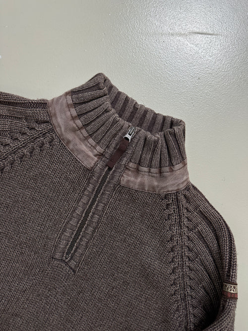 Vintage Napapijri Brown Quarter Zip Knit Sweater für Herren. Y2K Second Hand 2000s Fashion 
