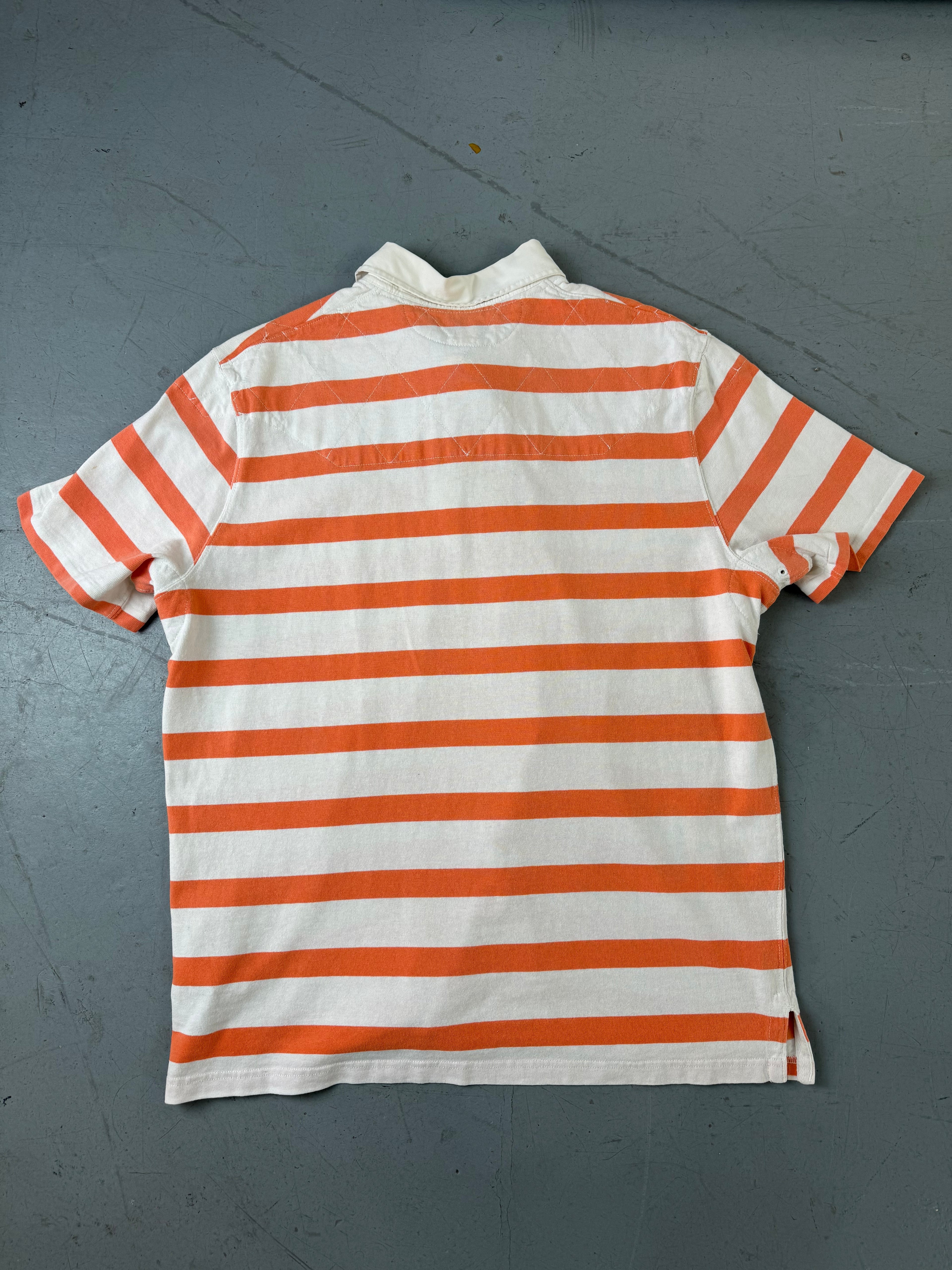 Vintage Polo Ralph Lauren White Orange Striped Polo Shirt für Herren. Y2K Second Hand 2000s Fashion