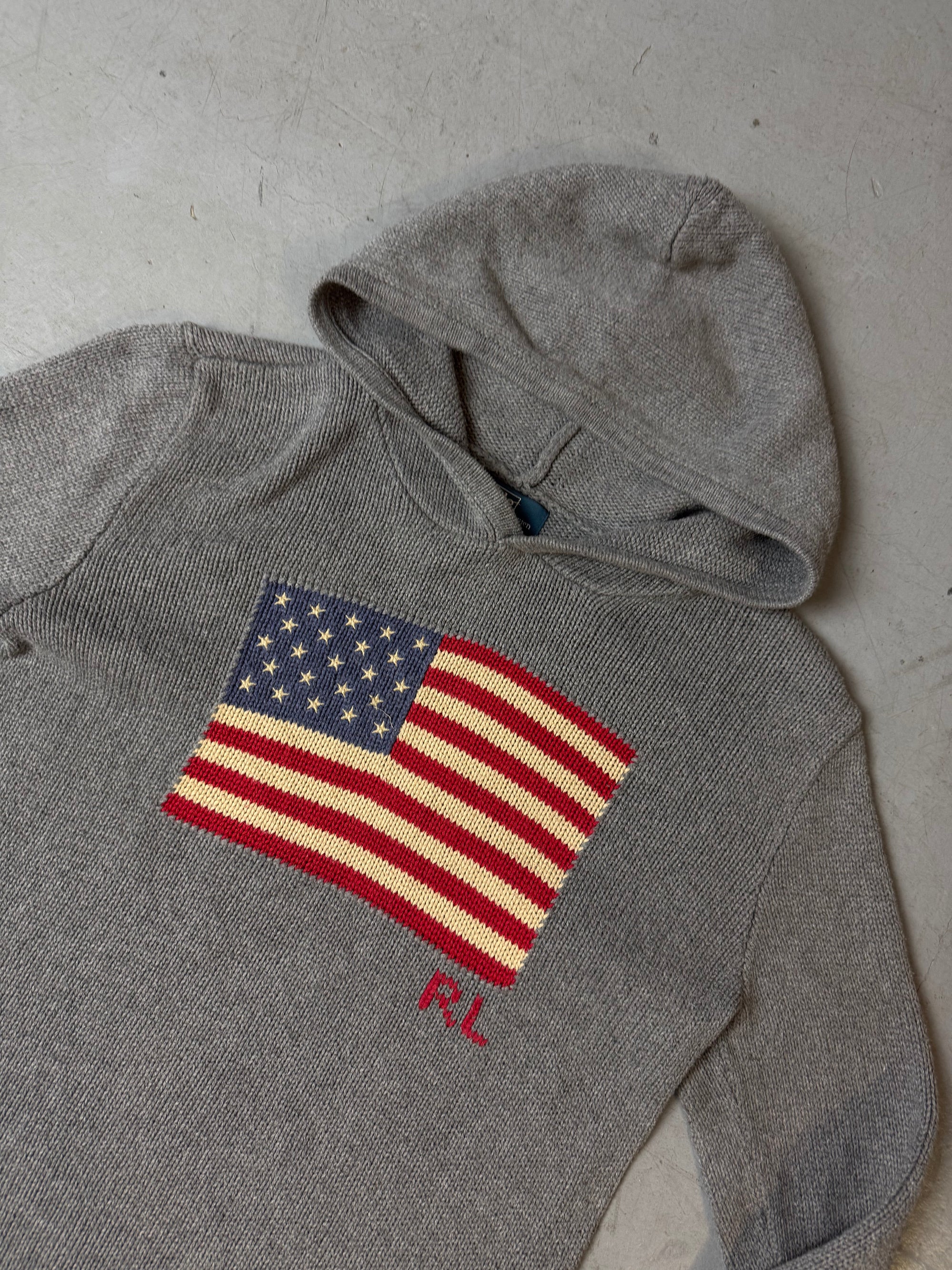 Detailbild von Vintage Polo Ralph Lauren Grey Knit Hoodie von vorne